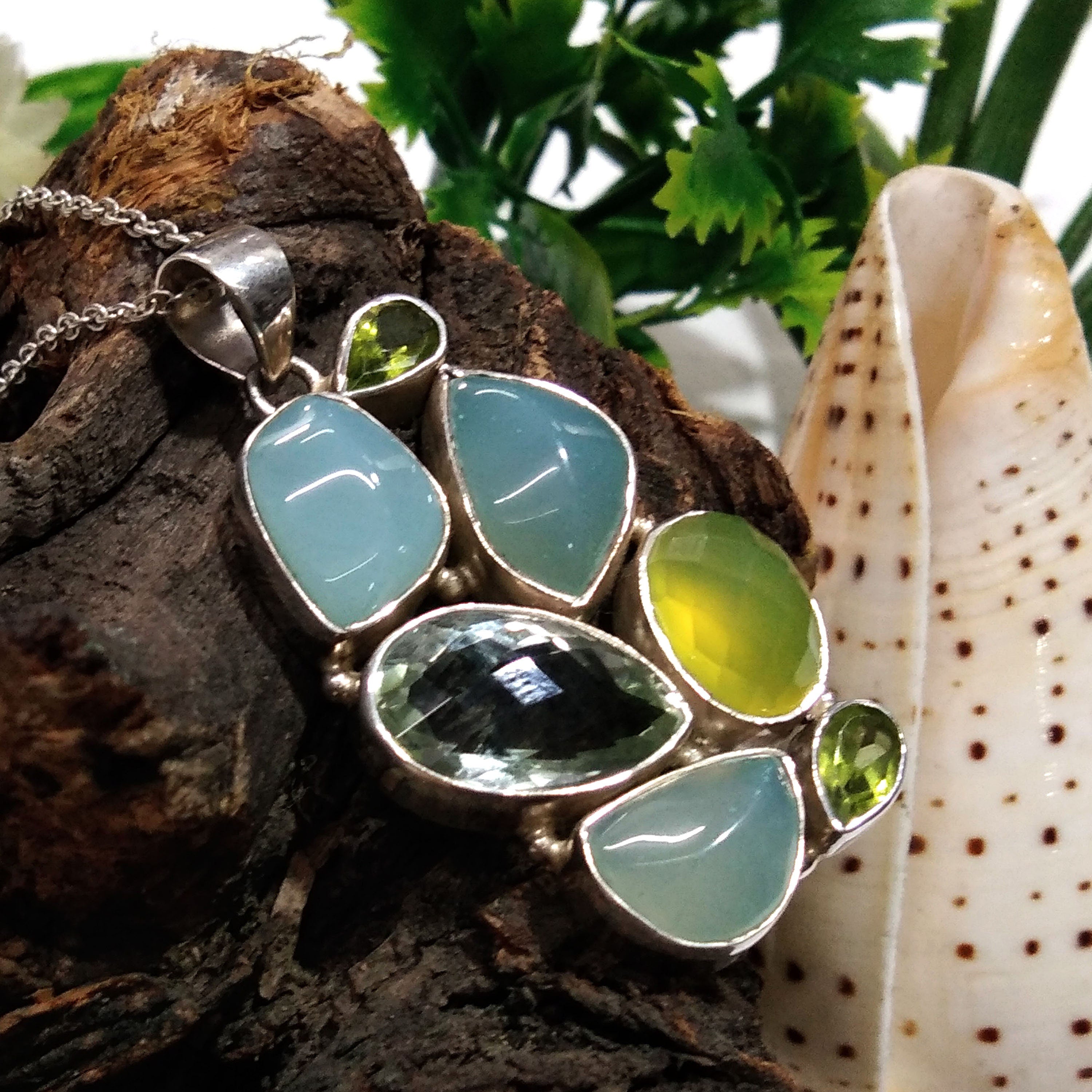 Natural Aqua Chalcedony,Green Amethyst,Peridot Gemstone Pendant Necklace Chain, 925 Starling Silver Pendant Necklace, Handmade Stone Pendant