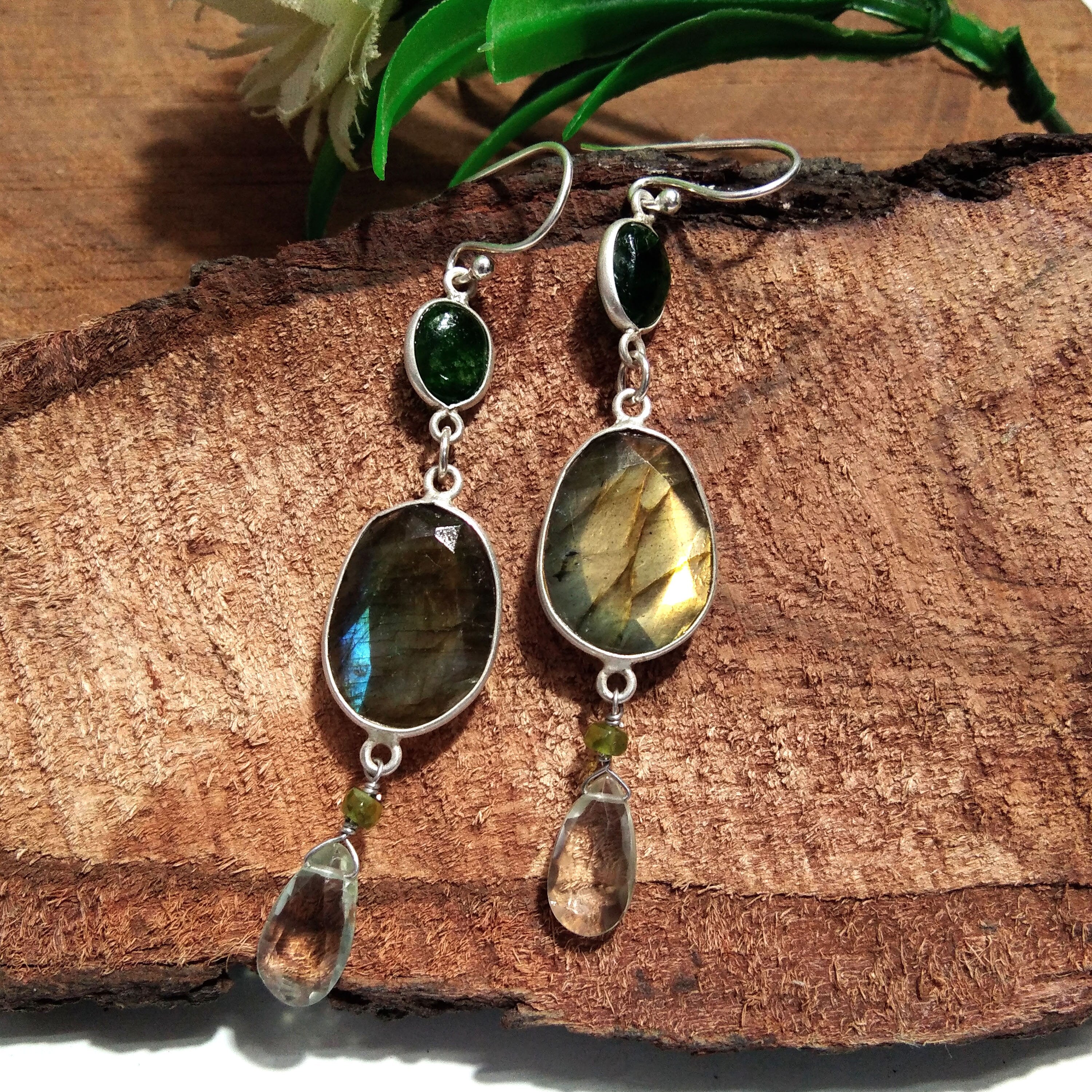 Natural Labradorite/Green Amethyst Earring, 925 Solid Starling Silver Earring, Labradorite Stone Handmade For Gift Women Earring Jewelry