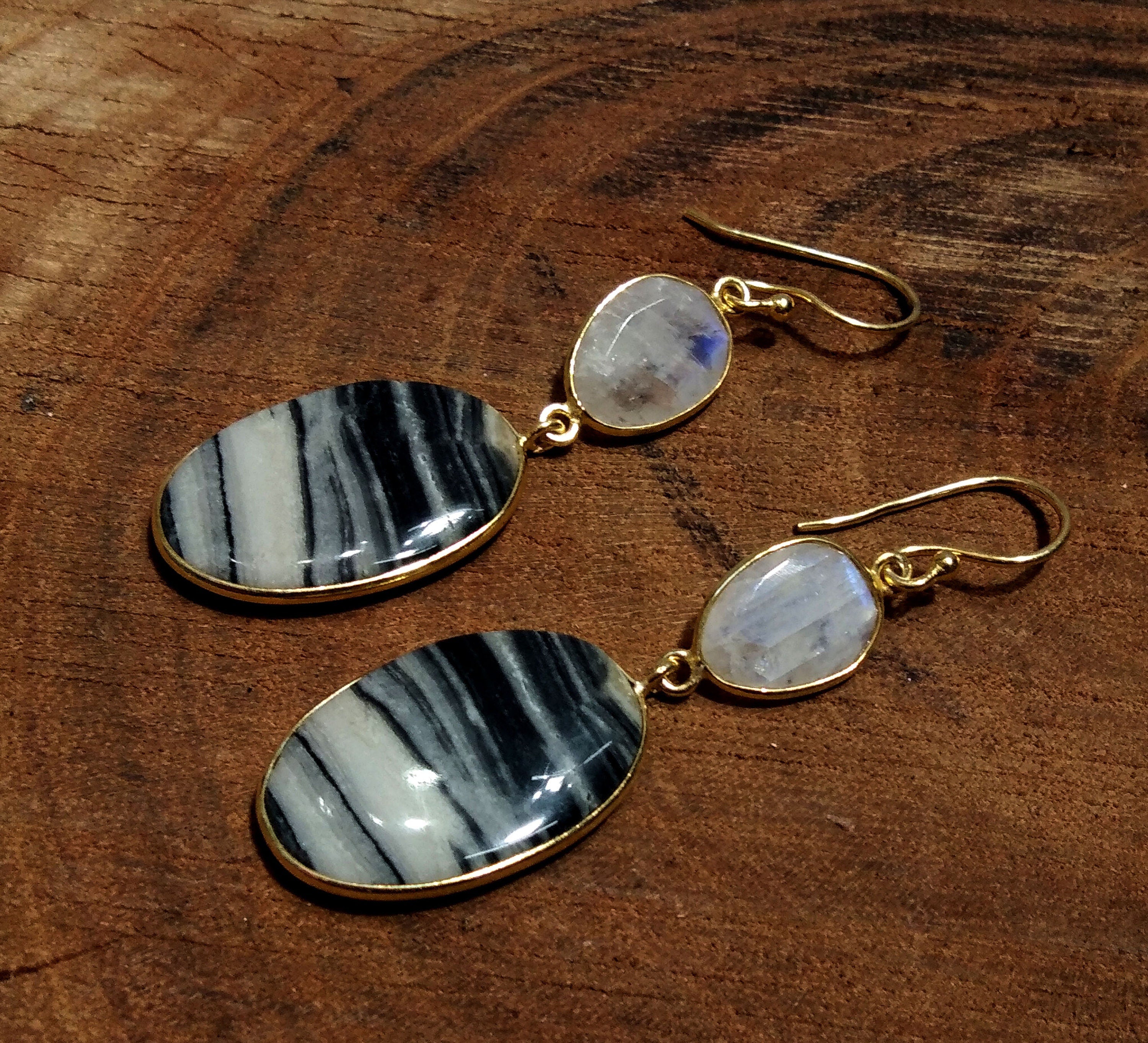 Natural Stone Zebra Jasper & Rainbow Moonstone Earring, 925 Starling Silver With Gold Plated Earring, Bezel Handmade Earring For Girls/Women