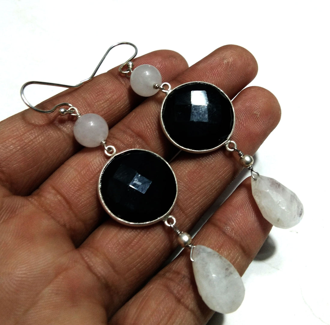 Natural Black Onyx, Rainbow Moonstone Earring, 925 Solid Starling Silver Earring, Handmade Black Onyx Stone Earring, Gift Women Earring's