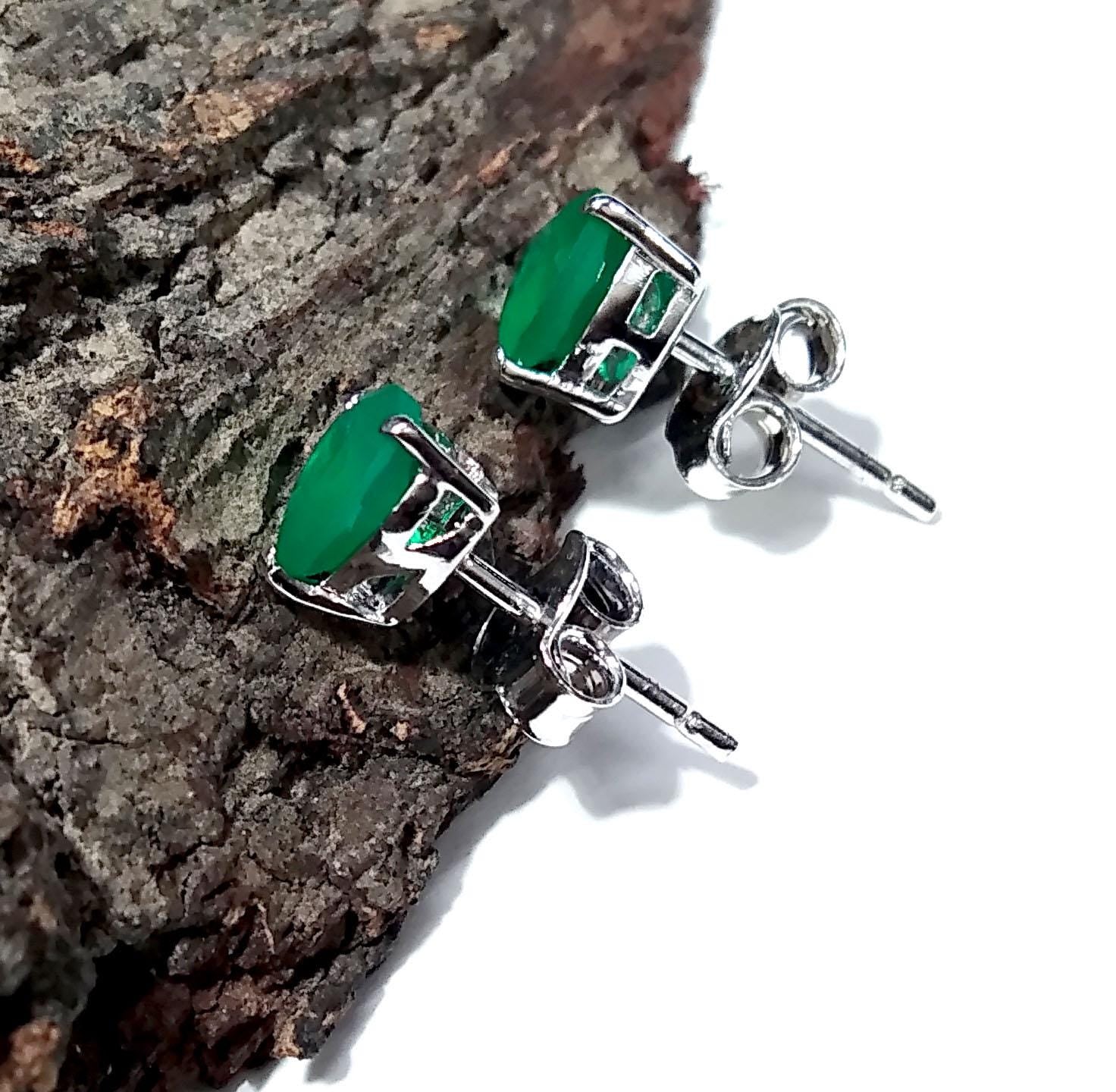 Green Onyx Faceted Stud Earrings, 925 Solid Starling Silver Earring Jewelry, Green Onyx Gemstone Heart Shape Stone Size 6x6mm Christmas Gift