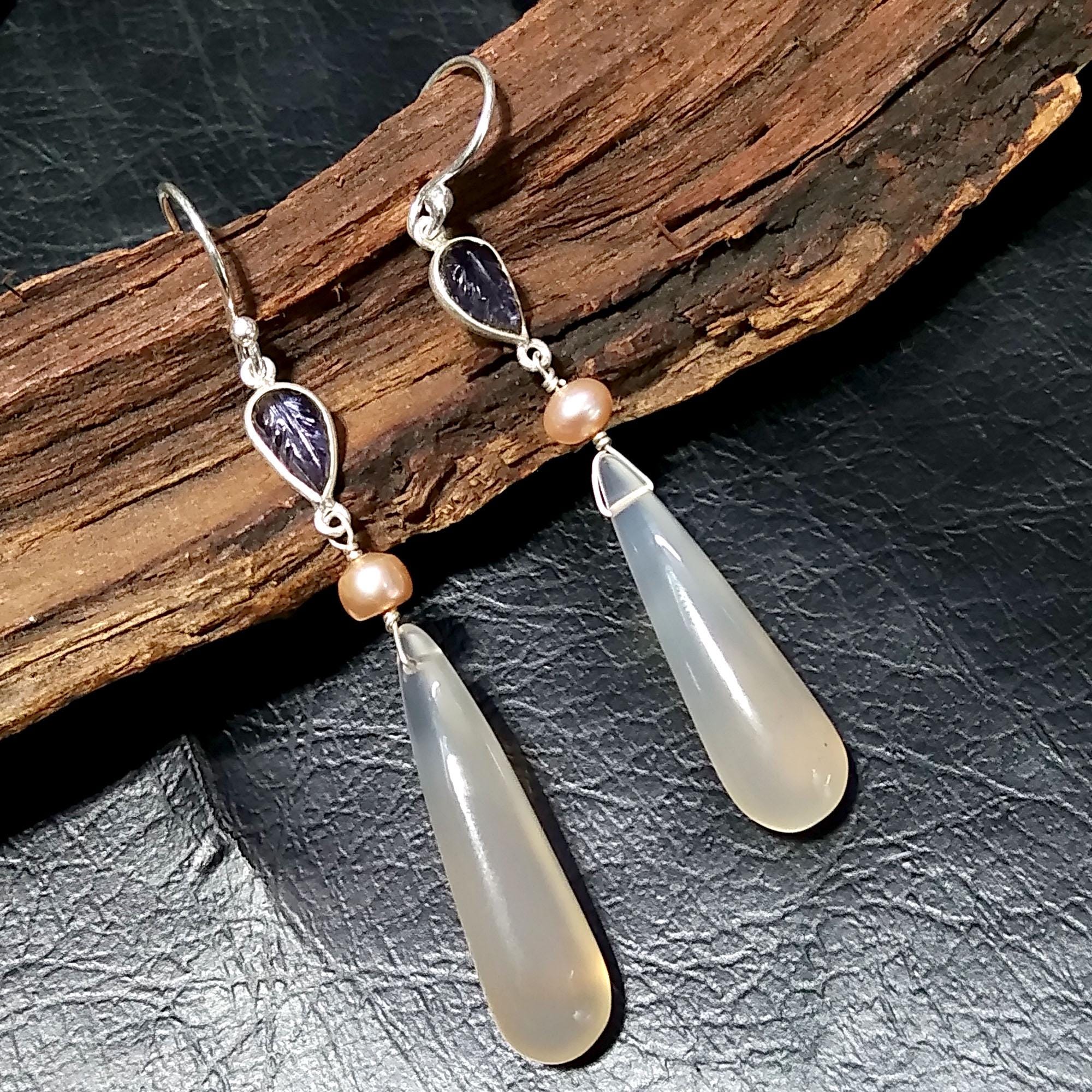 Natural Chalcedony/Iolite Carving & Pearl Gemstone Earring, 925 Starling Silver Earring Handmade Silver Jewelry Stone Earring Gift Birthday