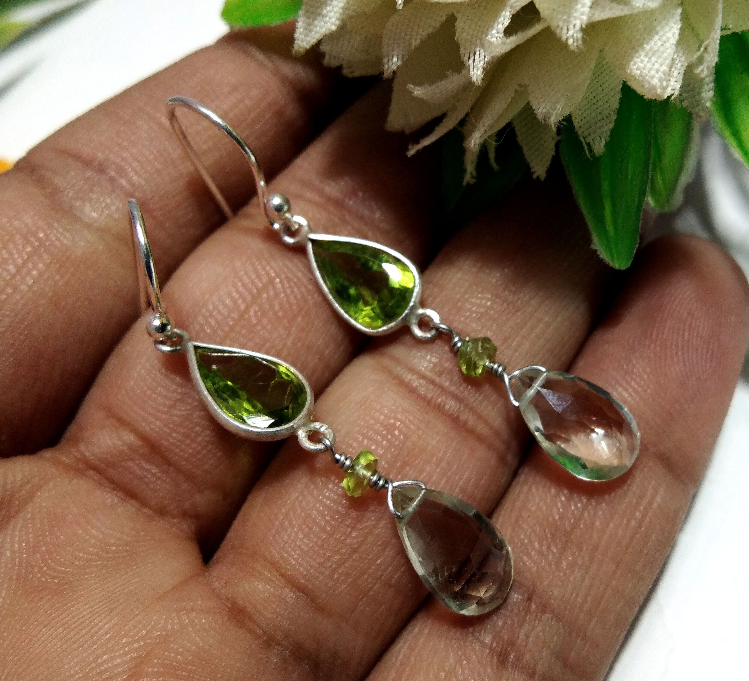 Peridot & Green Amethyst Stone Earring, 925 Silver Earring Jewelry, 100%Natural Peridot/Green Amethyst Gemstone Gift Earring For Girls/Women