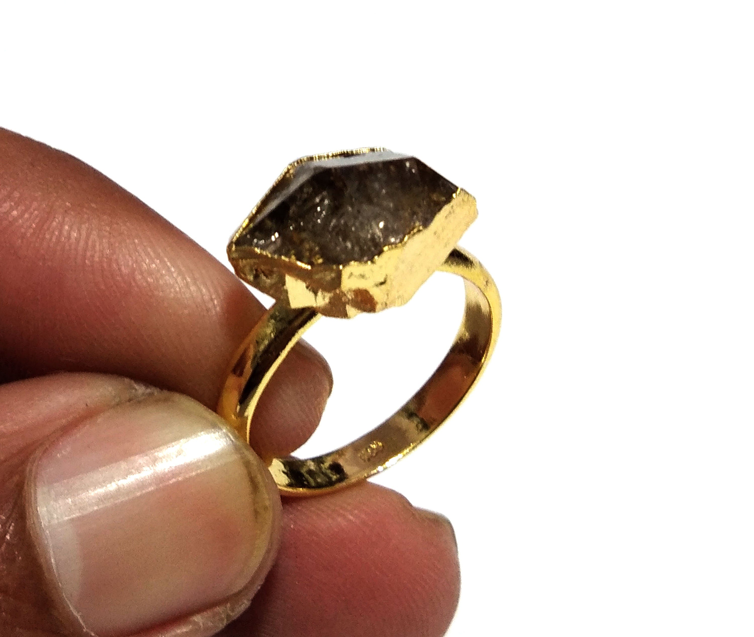 Herkimer Diamond Ring, Raw Herkimer Diamond Ring, 925 Sterling Silver Gold Plated Ring, Diamond Stone Size 15x10 mm Handmade Gift For Ring
