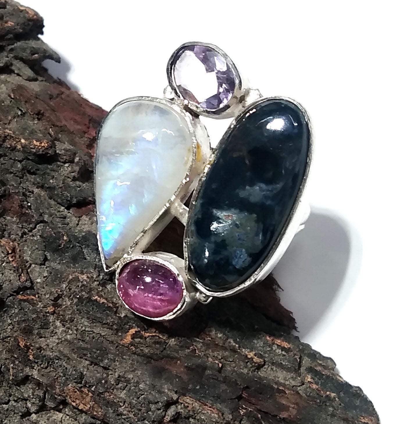 Pietersite,Rainbow Moonstone,Ruby And Amethyst Multi Stone Ring, 925 Solid Sterling Silver Jewelry, Natural Gemstone Ring, Handmade Jewelry.