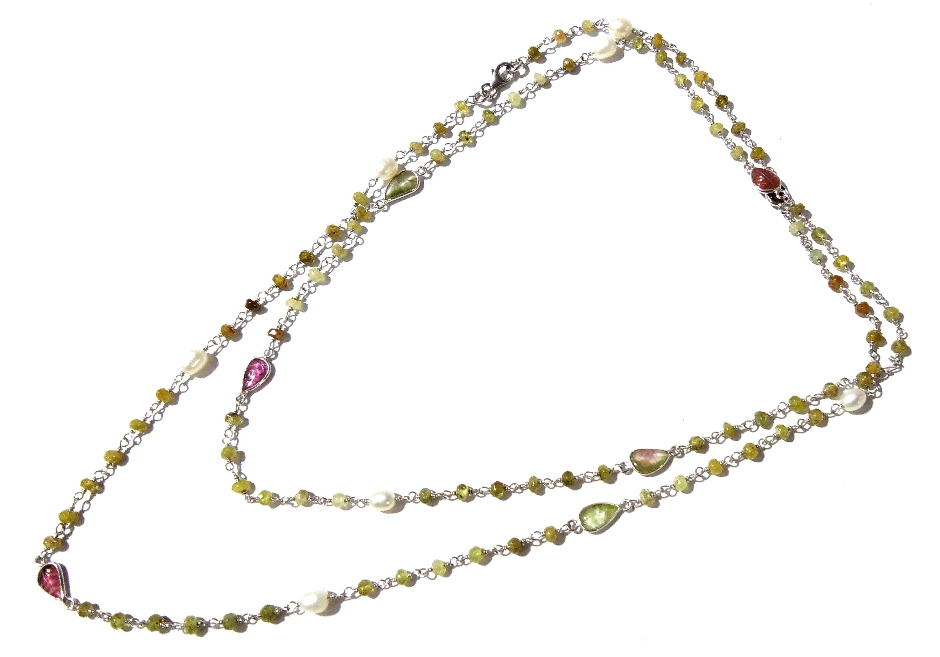 36'' Log Necklace ! Vessonite Necklace With Tourmaline & Pearl, 925 Sterling Silver Jewelry, Handmade Beaded Necklace, Gemstone Necklace.