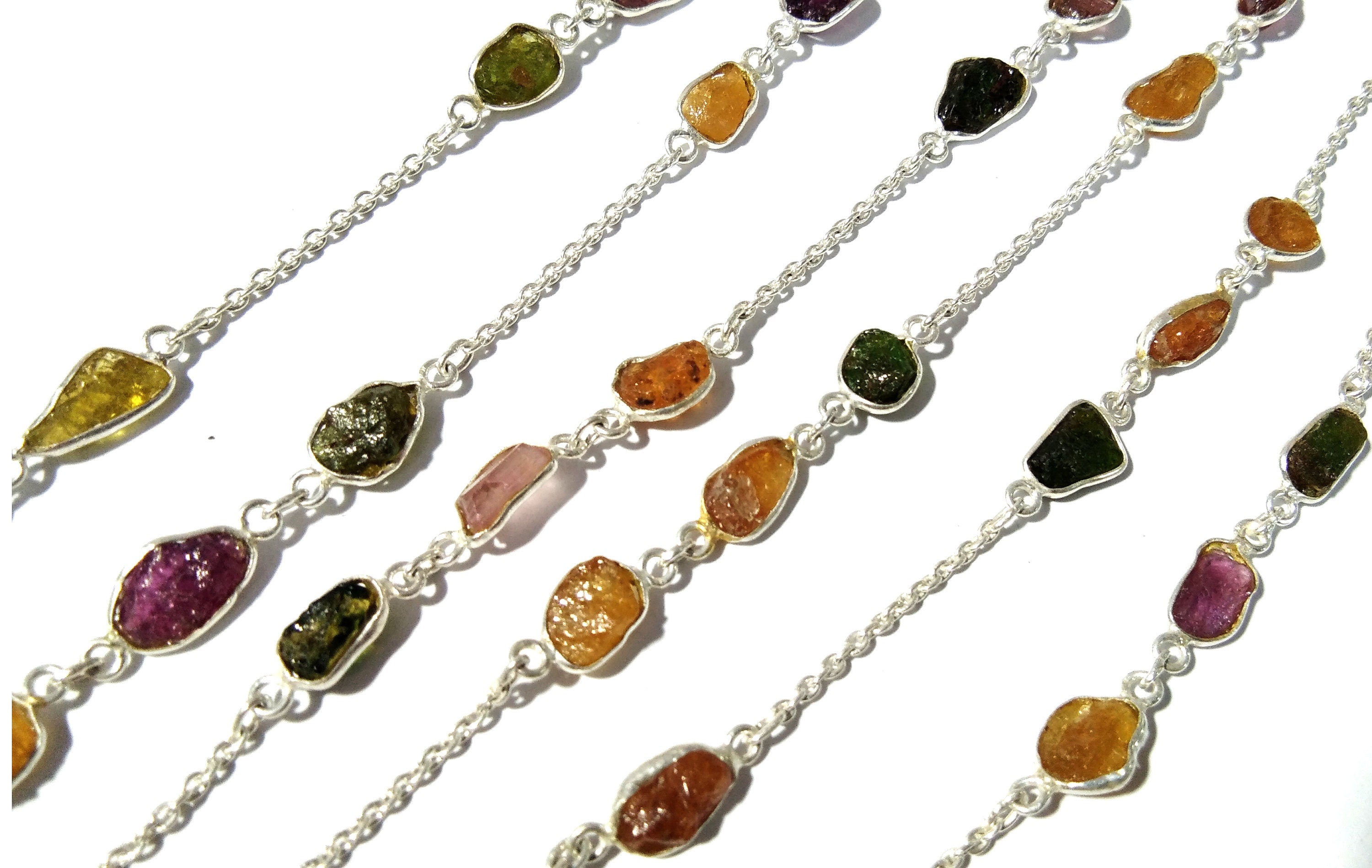 Beautiful Natural Gemstone Multi Color Tourmaline Rough Log Chen Necklace For Girls & Woman, 925 Starling Silver Log Necklace Length 44 inch