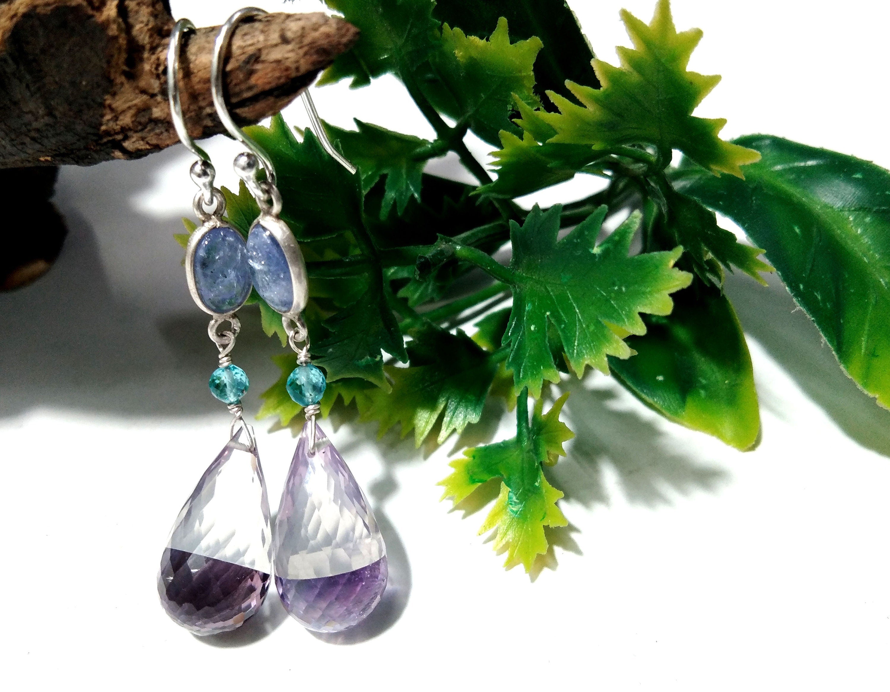 Natural Doublet Gemstone Amethyst & Tanzanite Multi Stone Earring, With 925 Sterling Silver Earring Jewelry, For Girls/Women.