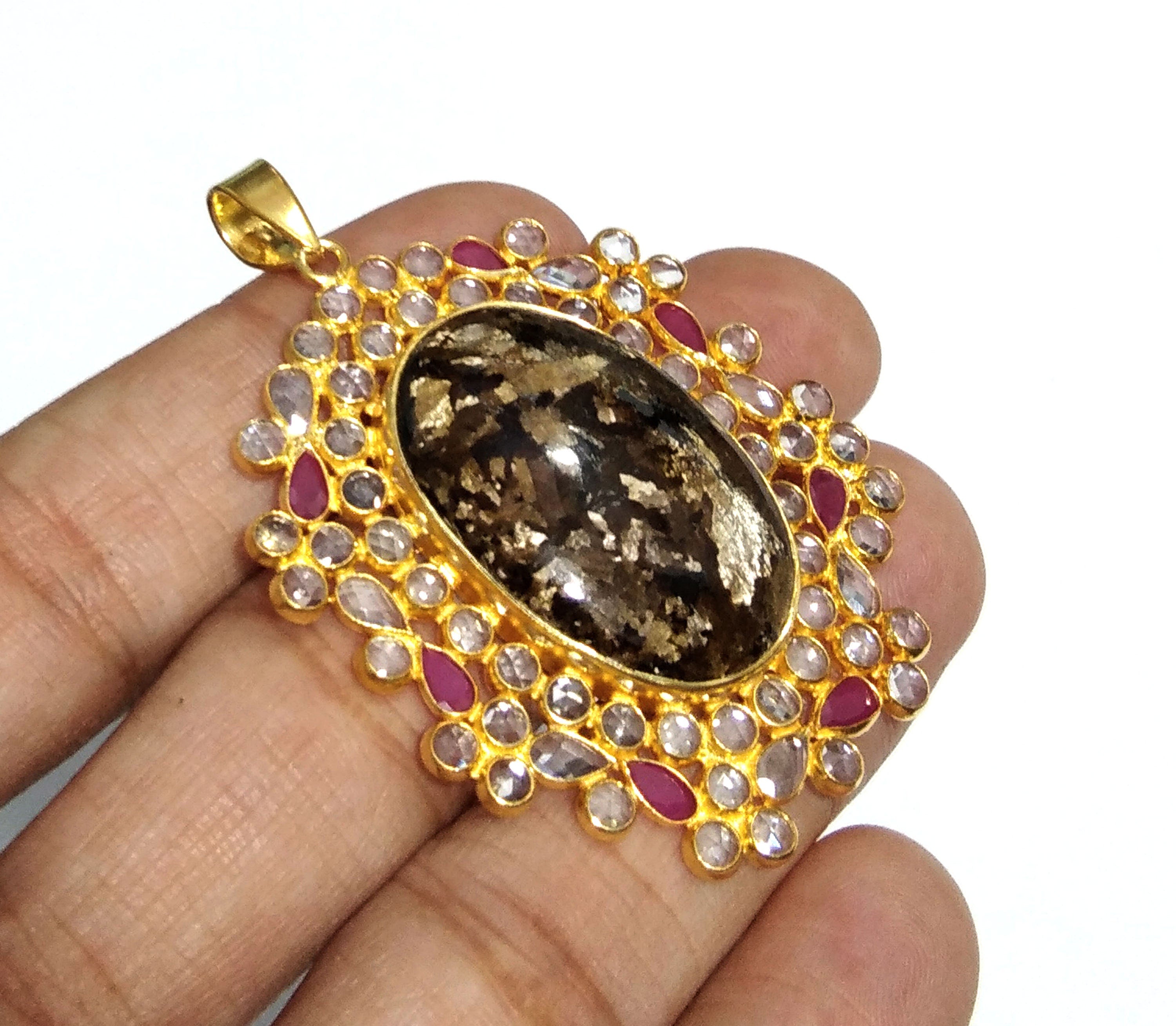 Natural Bronzite/White Zircon Stone Pendant, 925 Solid Starling Silver Gold Plated Pendant, Stone Size 30x20mm Gift Birthstone Pendant