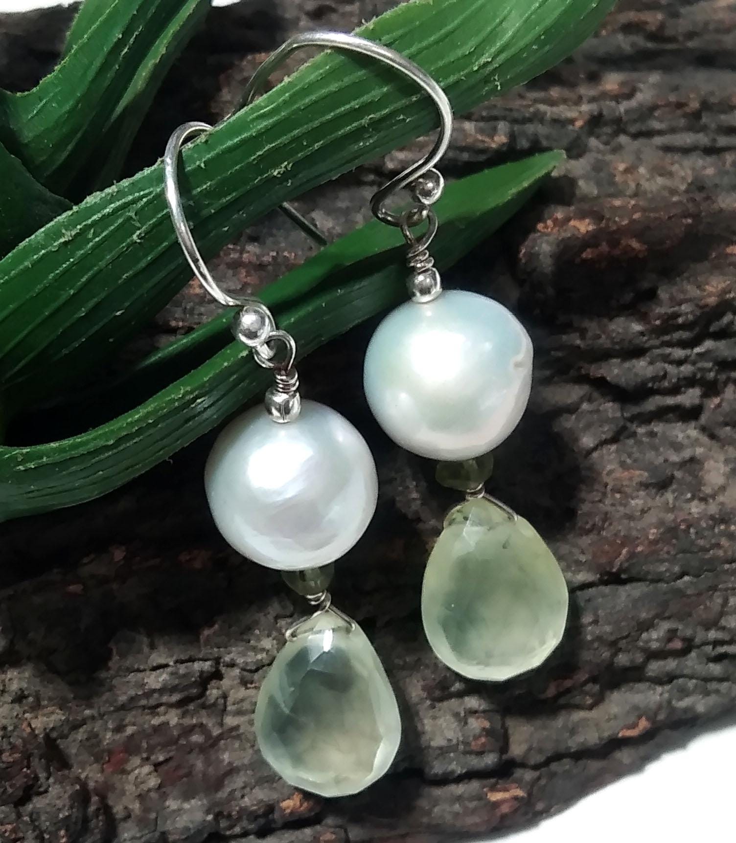 Natural Prehnite/Baroque Pearl Stone Earring, 925 Starling Silver Earring, Prehnite Stone Handmade Earring, Gift Women Bridesmaid Earring