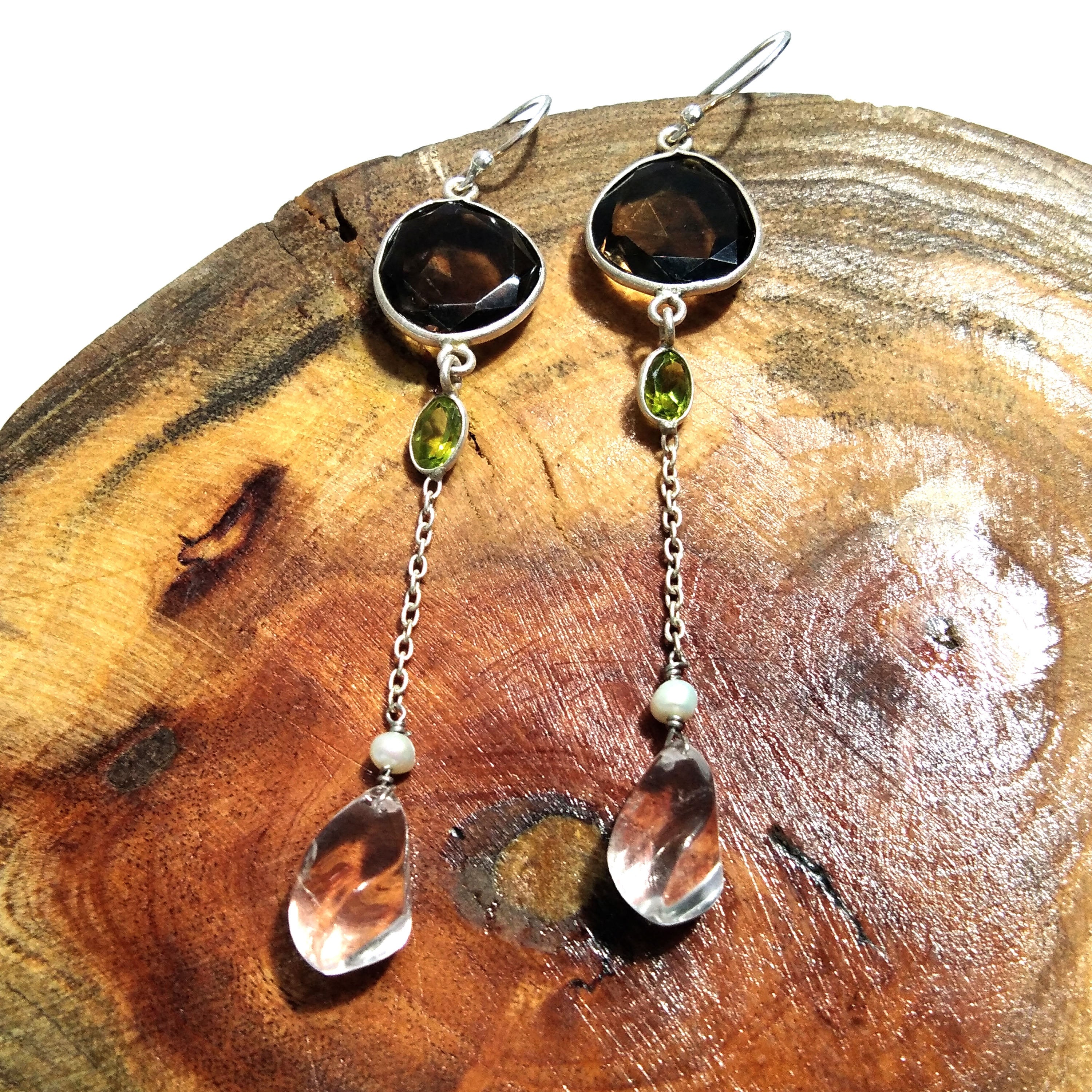 Natural Smoky Quartz/Crystal Quartz Earring, 925 Solid Starling Silver Earring Crystal Quartz Stone, Handmade Gift Women Earring Jewelry