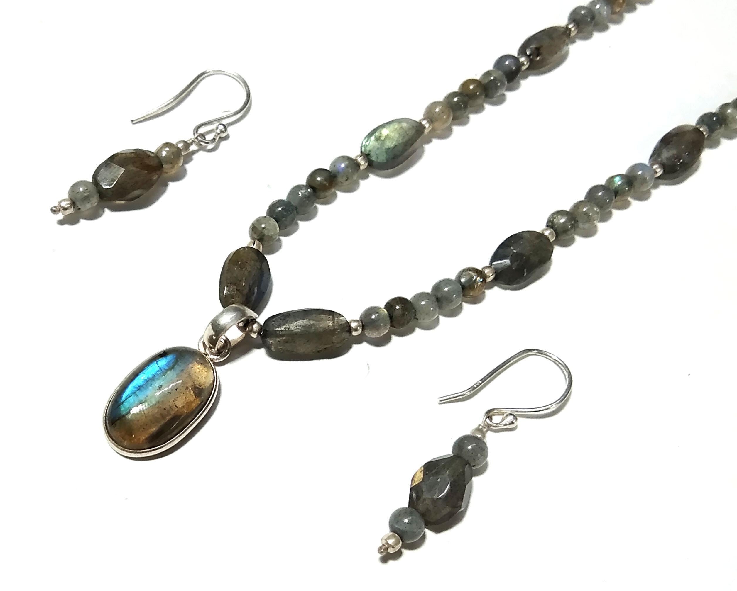 Natural Labradorite Gemstone Beads Necklace Earring Jewelry Set, 925 Sterling Silver Necklace Earring, Handmade Jewelry Gift For Women