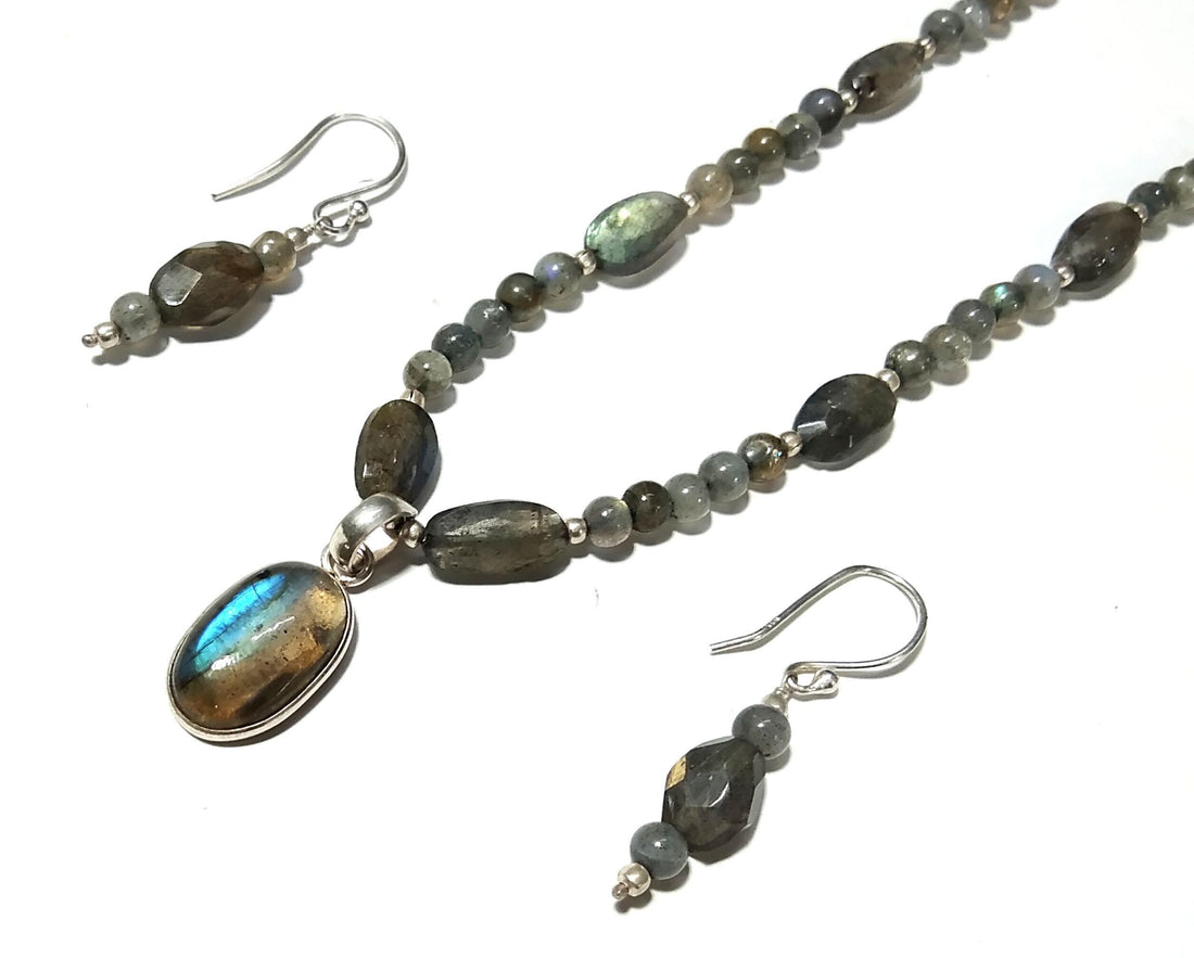 Natural Labradorite Gemstone Beads Necklace Earring Jewelry Set, 925 Sterling Silver Necklace Earring, Handmade Jewelry Gift For Women