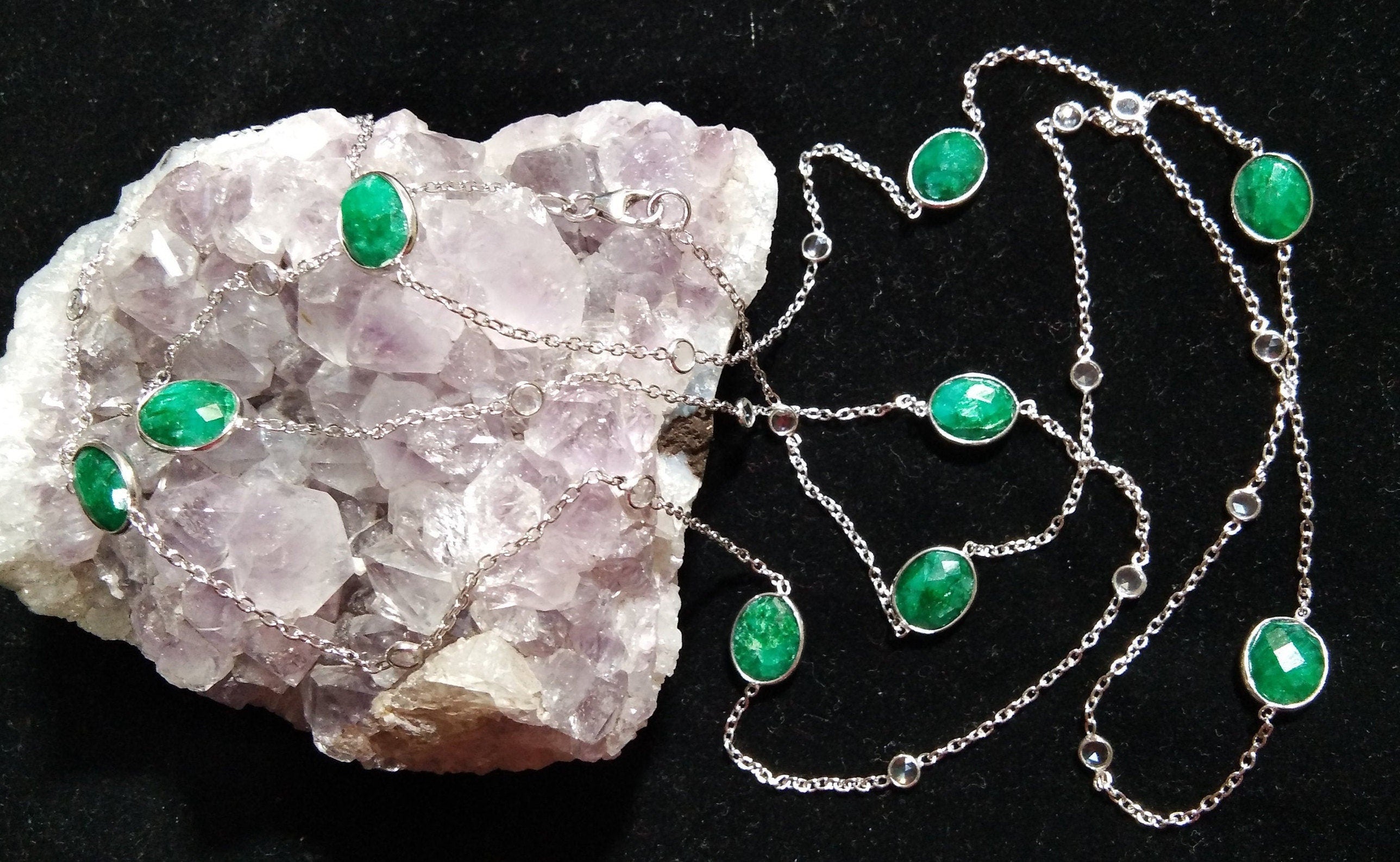 Emerald Necklace Chain,  925 Sterling Silver With Zircon Polky Necklace, Handmade Bezel Necklace, 40" Inches Length.