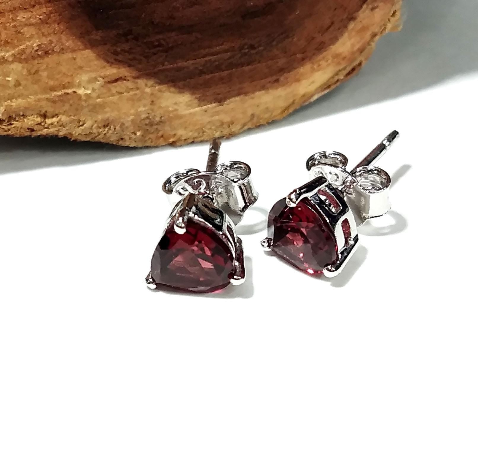 Natural Garnet Stud Earrings, 925 Starling Silver Earring Jewelry, Red Garnet Faceted Heart Shape Stone Size 6x6 mm Christmas Gift For Women