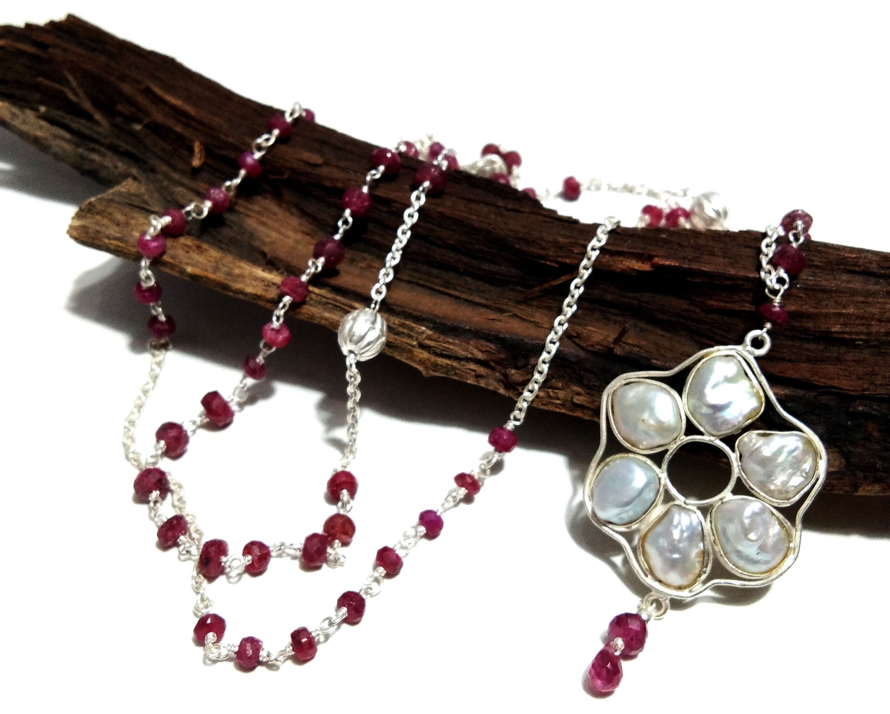 Log Chain Necklace, Natural Baroque Pearl & Red Ruby Necklace, 925 Starling Silver Log Chain Necklace,36''Inches Adjuster Chain Necklace