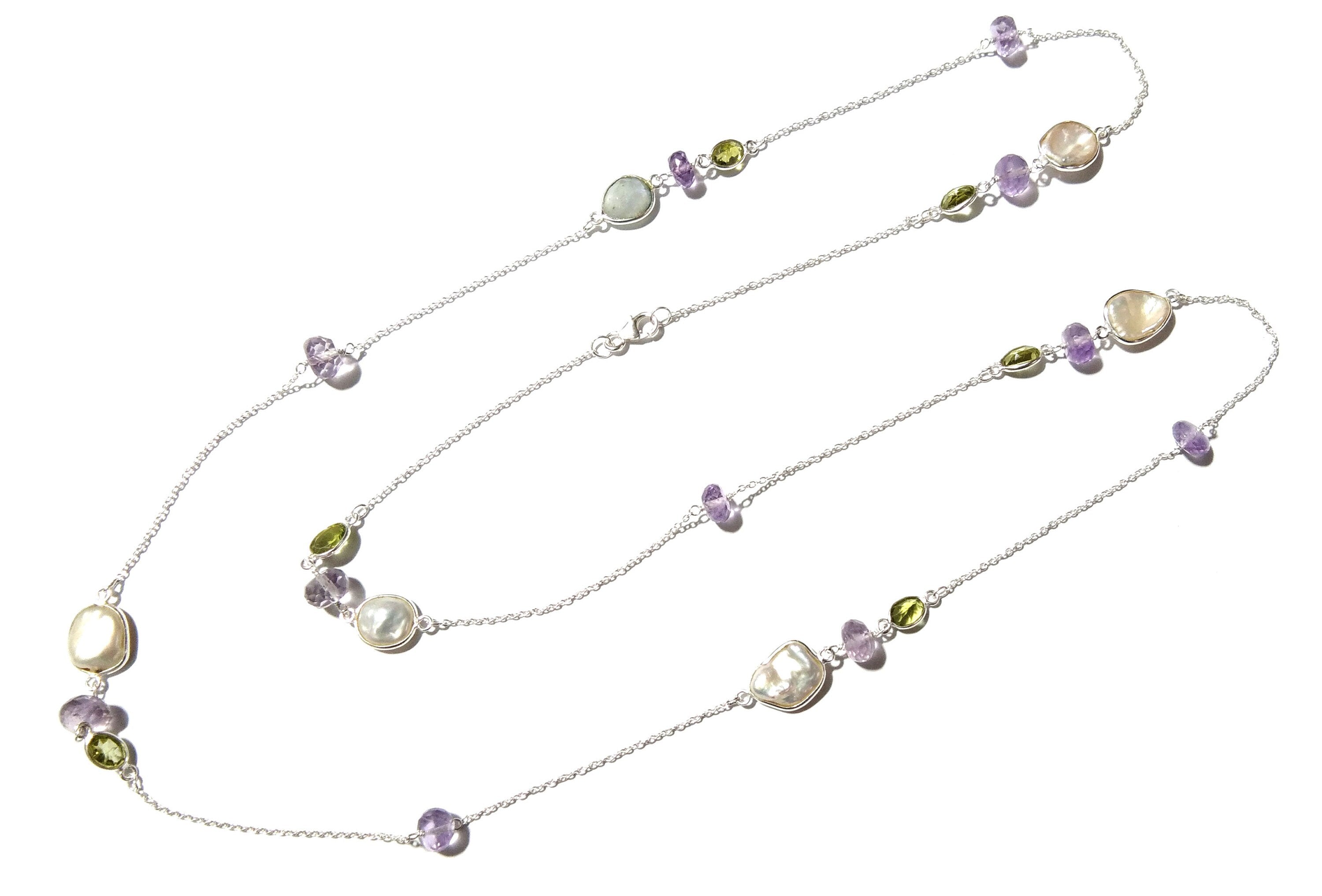 Beaded Log Necklace ! 925 Starling Silver With Natural Gemstone Peridot, Amethyst & Fresh Water Pearl Necklace, Beautiful Necklace For Women