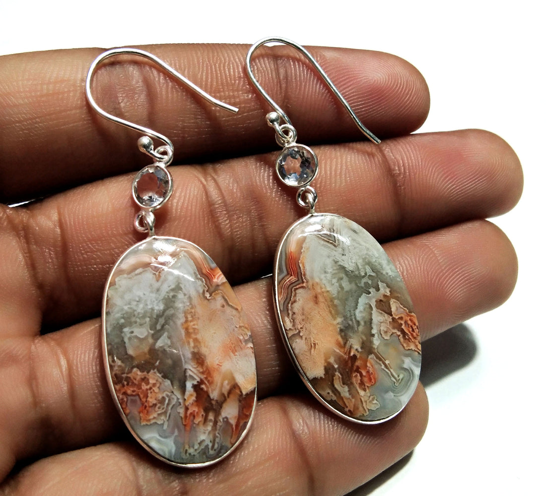 Natural Crazy lace Agate/White Topaz Stone Earring, 925 Solid Starling Silver Earring Oval Shape Stone Size 25x17mm Gift Girls/Women Earring