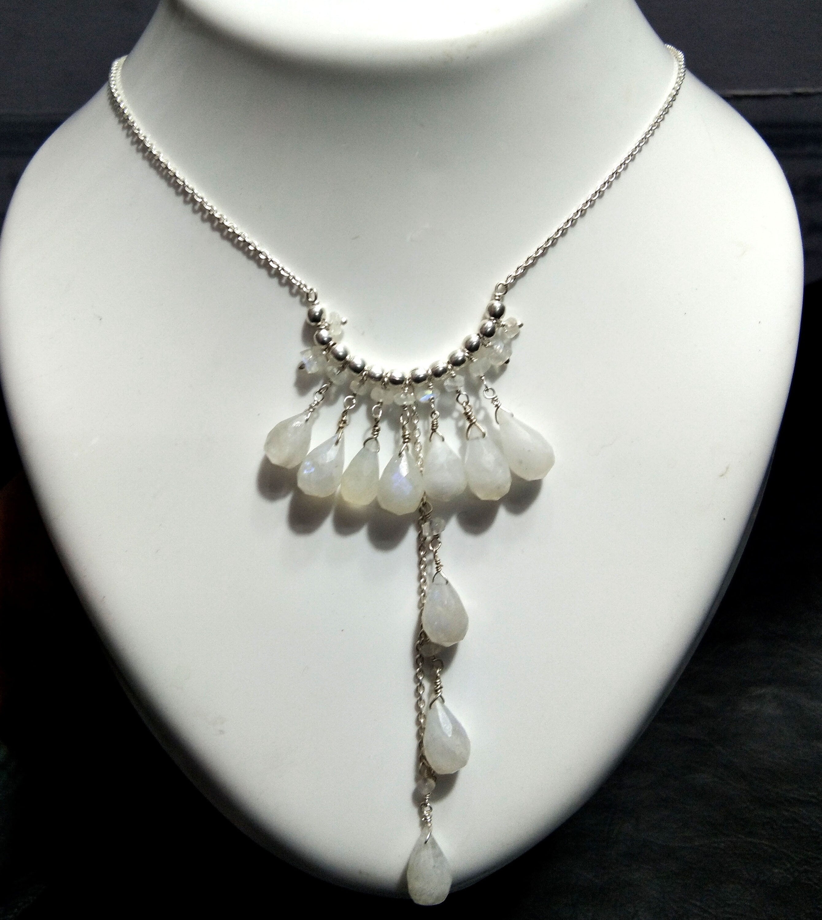 Natural Rainbow Moonstone Drop's Gemstone Chain Necklace, Solid 925 Starling Silver Chain Necklace, Moonstone Gift Necklace, Girls & Women