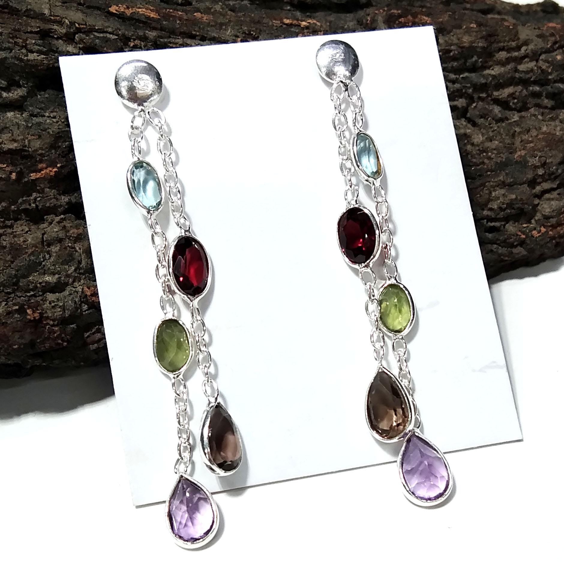 Multi Cut Gemstone Earrings, Amethyst, Garnet, Peridot, Blue Topaz, Smoky Quartz Earrings, 925 Sterling Silver Jewelry, Gift For Her