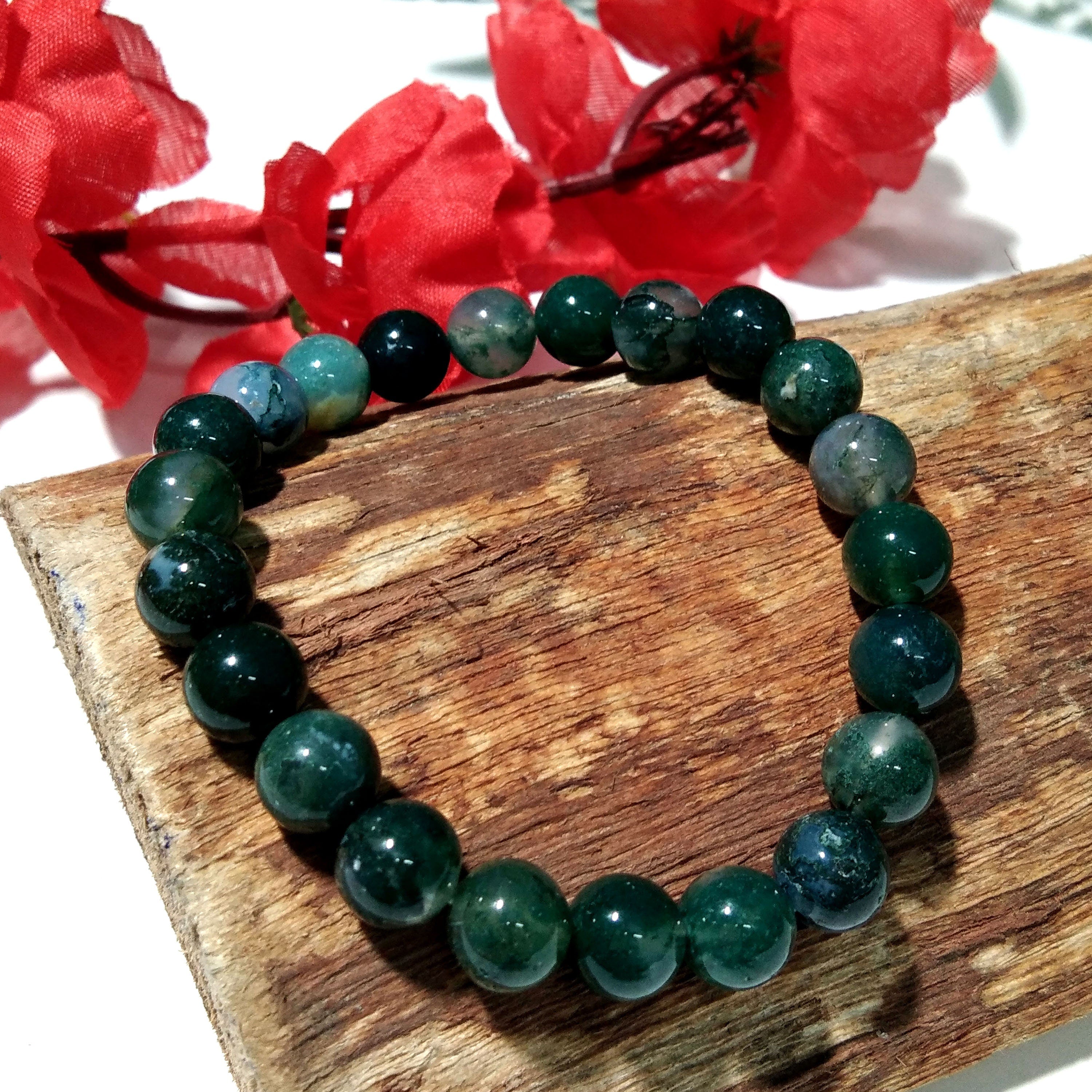 Moss Agate Bracelet Beads Stone, Natural Moss Agate Healing Handmade for Men & Women Round Bracelet, Size 8x8mm Gift Easter day Bracelet