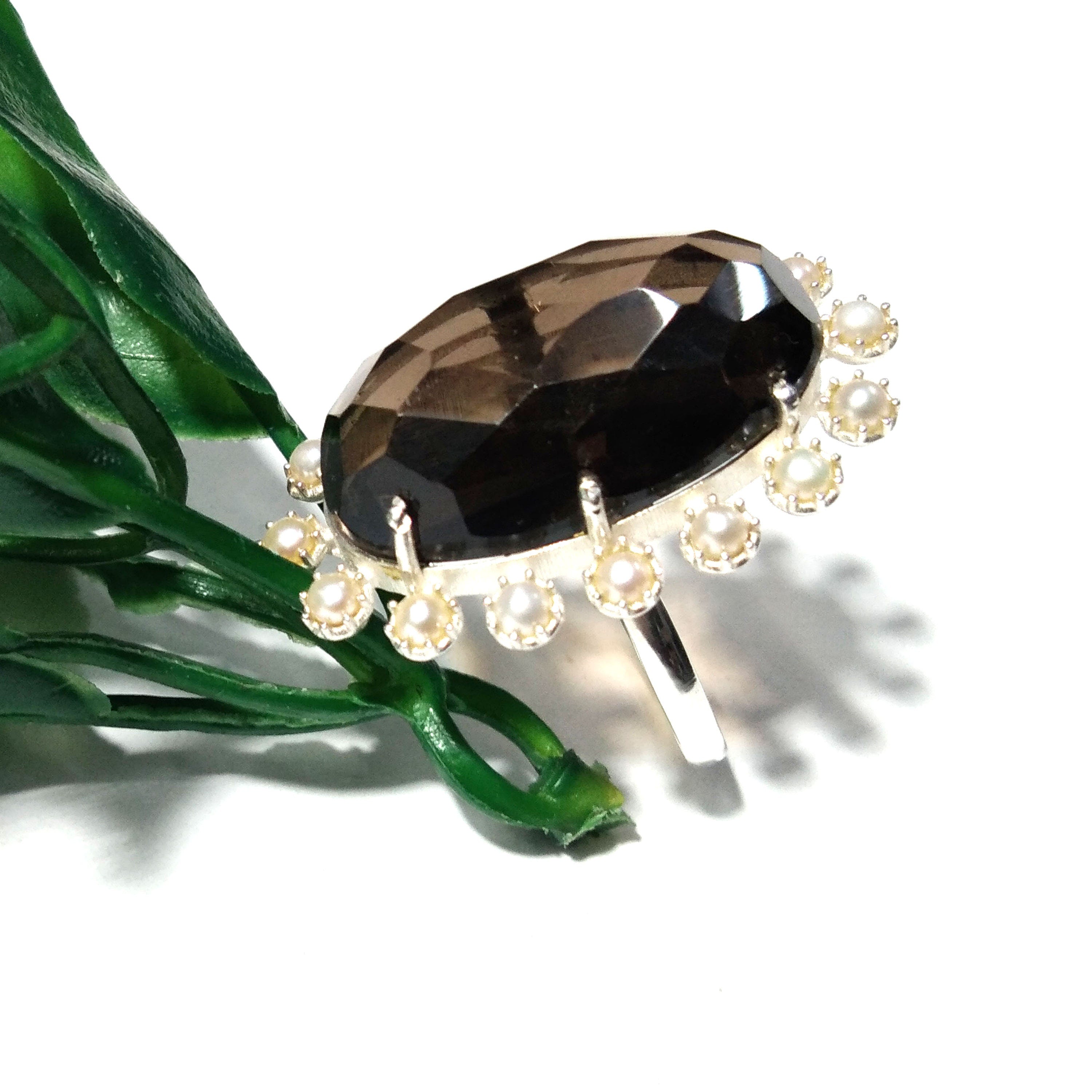 Natural Smoky Quartz,Freshwater Pearl Gemstone Ring, 925 Solid Starling Silver Ring, Jewelry Stone Size 24x14mm Statement Ring Birthday Ring