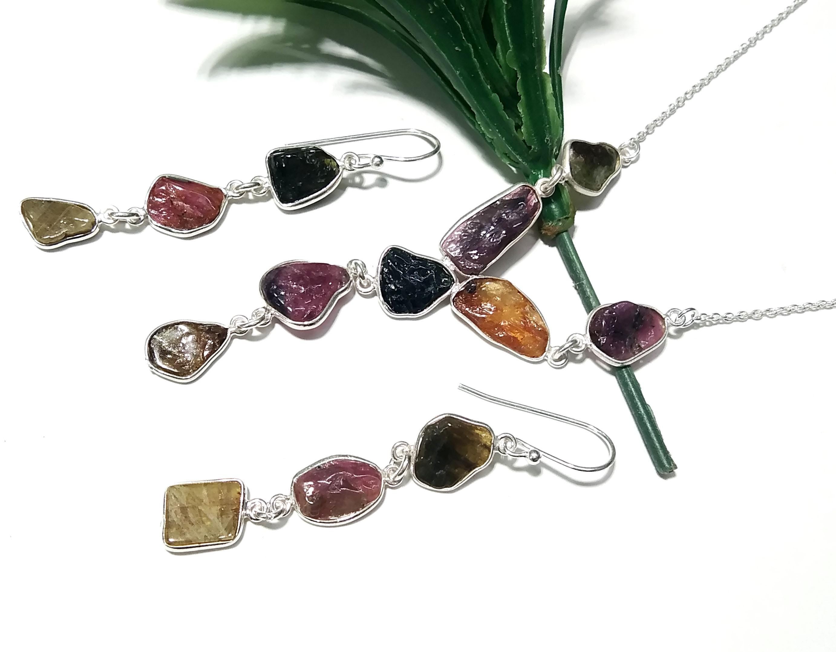 Natural Multi Tourmaline Gemstone Necklace Earring Jewelry Set, 925 Sterling Silver Necklace Earrings Jewelry, Gift For Her May Birthstone