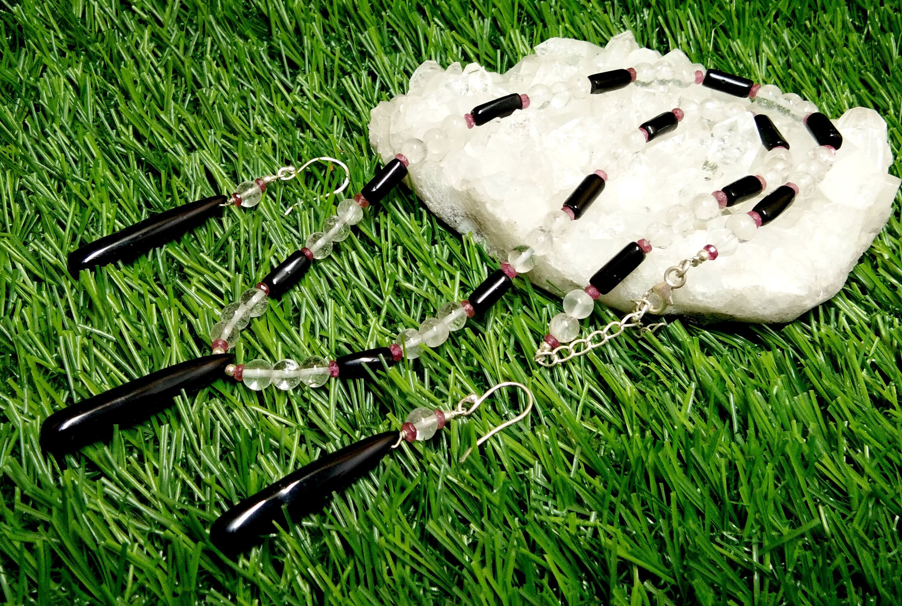 Natural Black Onyx/Crystal Beads Necklace Set Jewelry, 925 Sterling Silver Necklace, Beaded Necklace Statement for Gift Jewelry