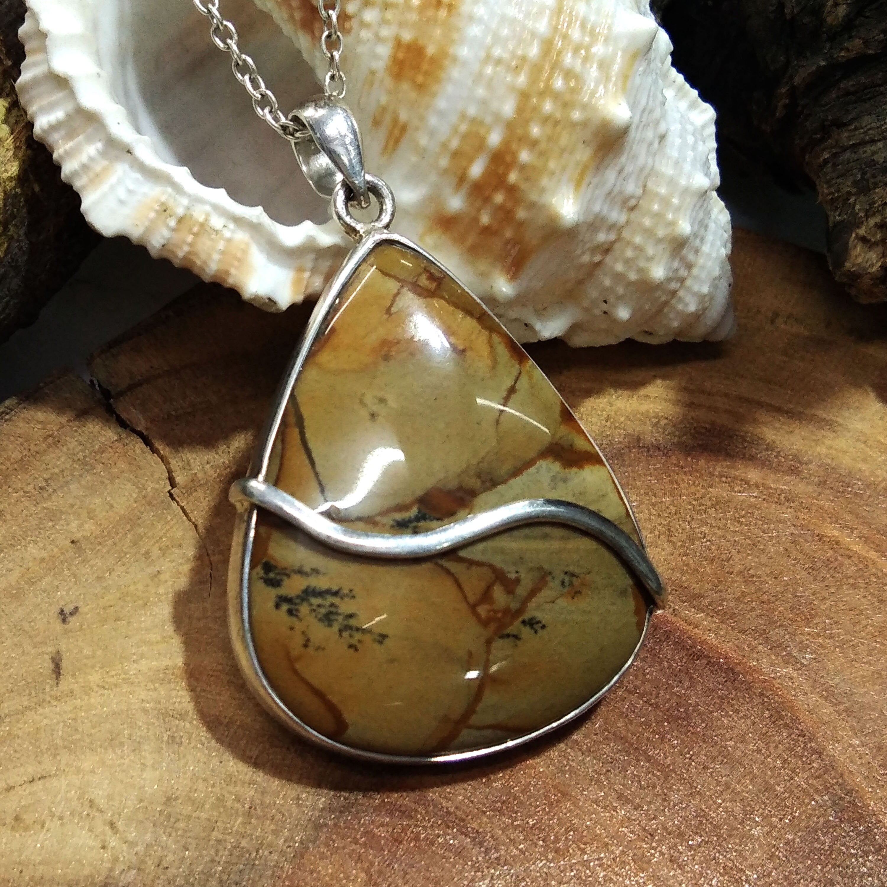 Natural Picture Jasper Gemstone Pendant Necklace Chain, 925 Starling Silver Pendant Necklace, Handmade Jewelry Stone Size 35x28 mm Pendant