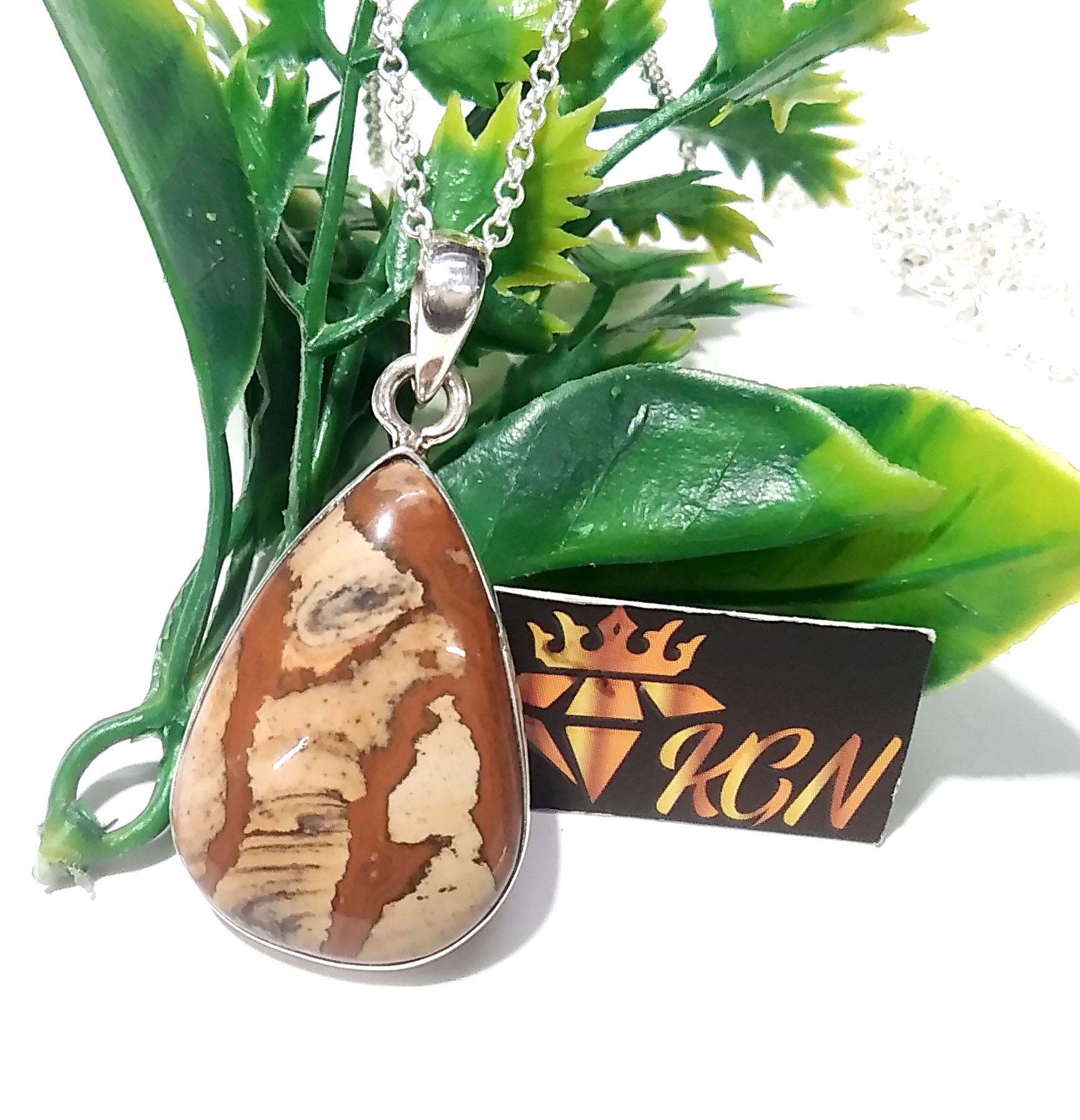 Natural Picture Jasper Gemstone Pendant, 925 Starling Silver Pendant Necklace Chain, Handmade Jewelry Stone Size 30x21mm Gift Pendant