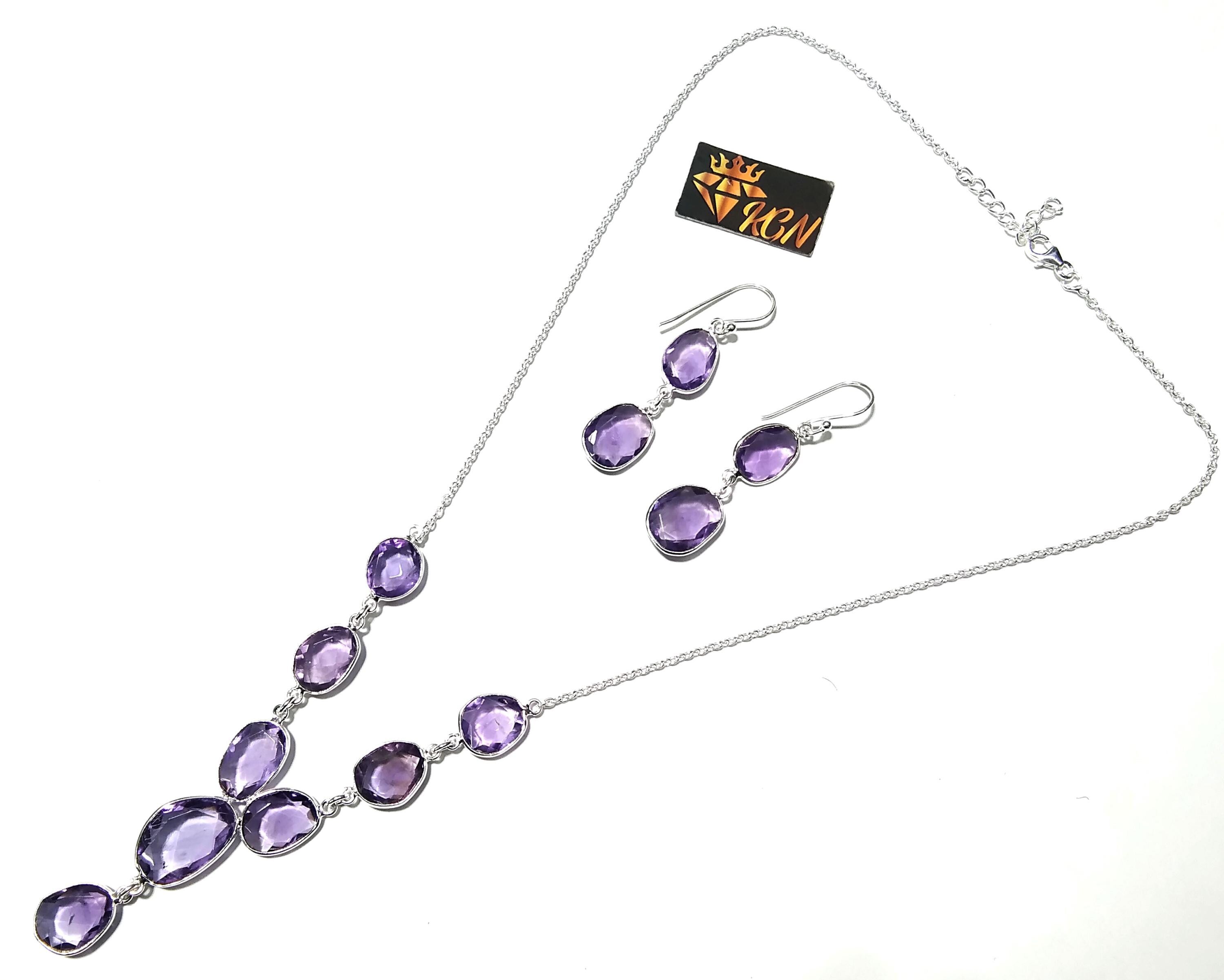 Natural Amethyst Gemstone Earrings And Necklace Jewellery Set, 925 Sterling Silver Necklace Amazing Quality Amethyst Gift For Girls/Women