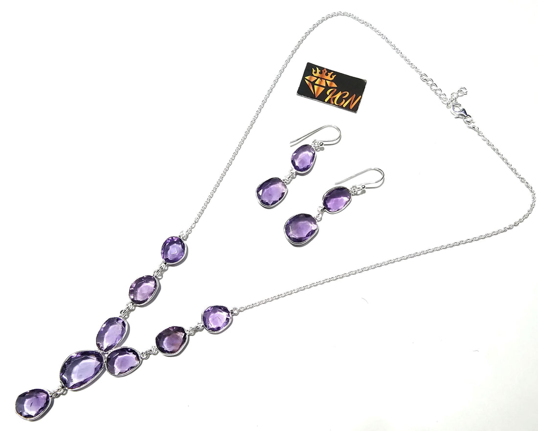 Natural Amethyst Gemstone Earrings And Necklace Jewellery Set, 925 Sterling Silver Necklace Amazing Quality Amethyst Gift For Girls/Women