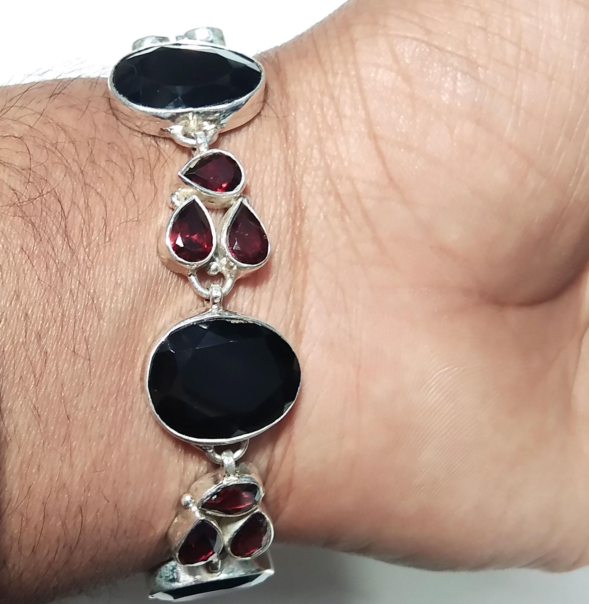 Natural Black Onyx, Garnet Gemstone Bracelet, Solid 925 Starling Silver Bracelet, 8 inches Gift Valentine day Bracelet, Handmade Jewelry