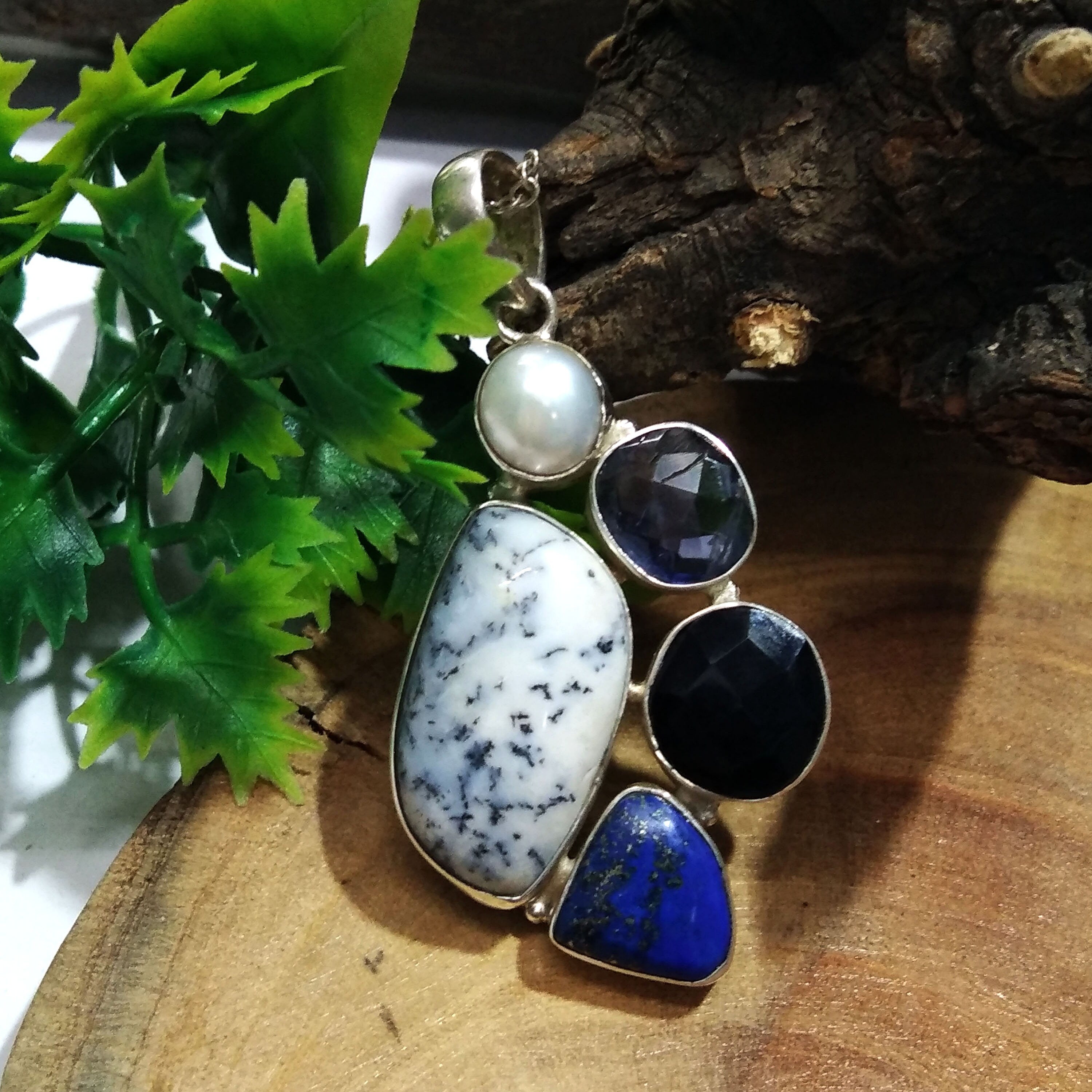 Natural Baroque Pearl,Dendrite Opal,Black Onyx Gemstone Pendant Necklace Chain, 925 Starling Silver Pendant Necklace, Handmade Stone Pendant