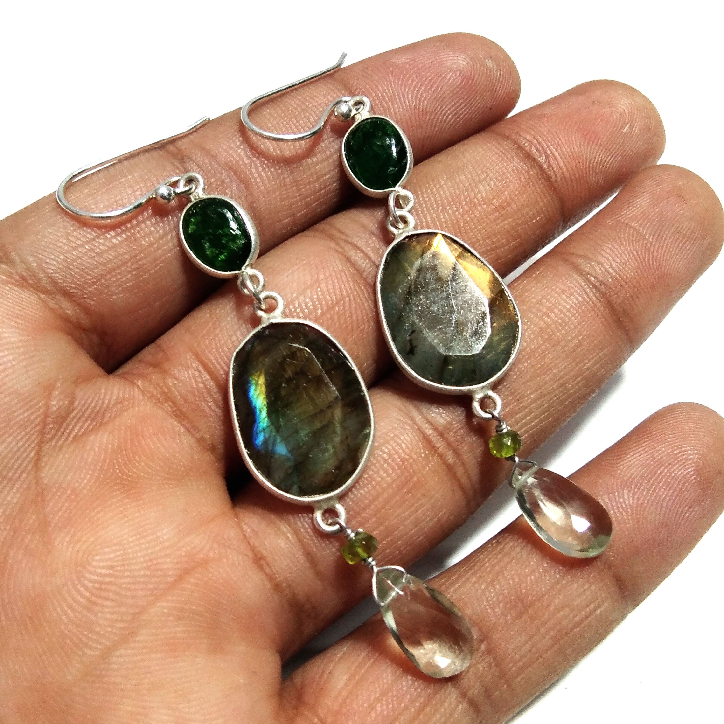 Natural Labradorite/Green Amethyst Earring, 925 Solid Starling Silver Earring, Labradorite Stone Handmade For Gift Women Earring Jewelry