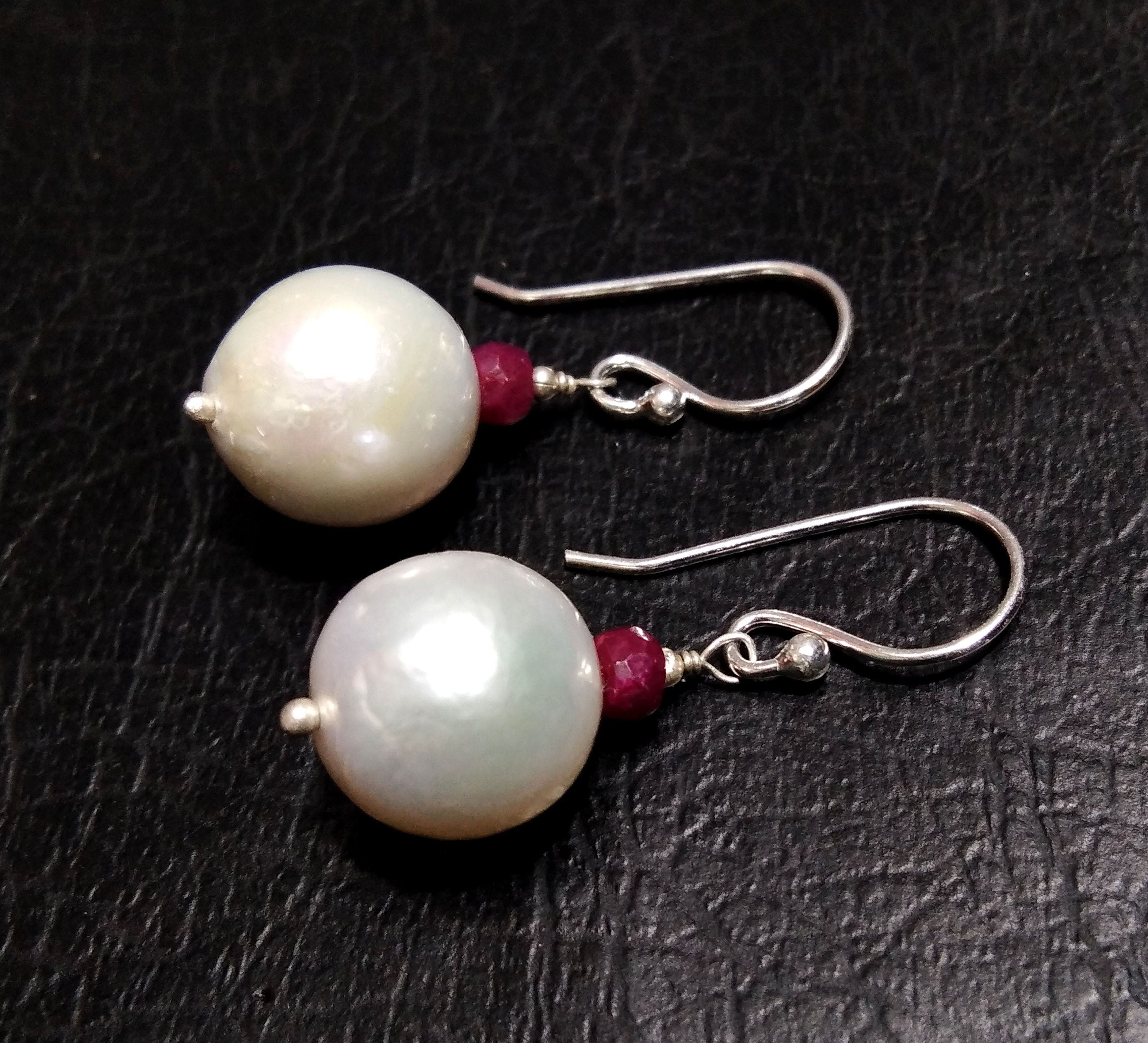 Natural South Sea Pearl Earring, Pearl & Red Ruby Earring, 925 Silver Earring, Round Shape Pearl Beautiful Earring, Girls/Women Gift Jewelry