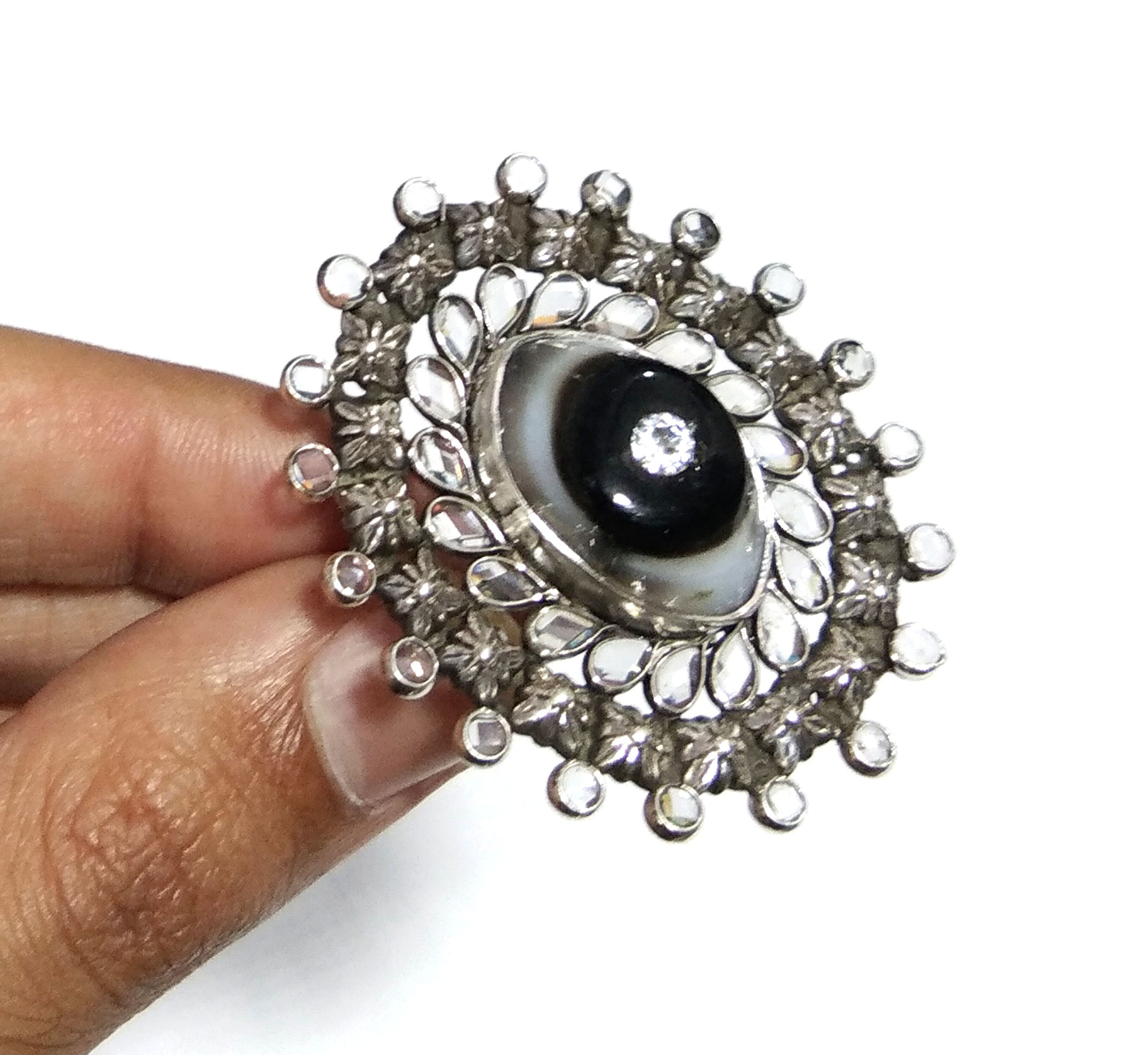 Natural Black Banded Agate, White Zircon Stone Ring, 925 Solid Starling Silver Black Plated Ring, Zircon Handmade Ring, Gift Engagement Ring