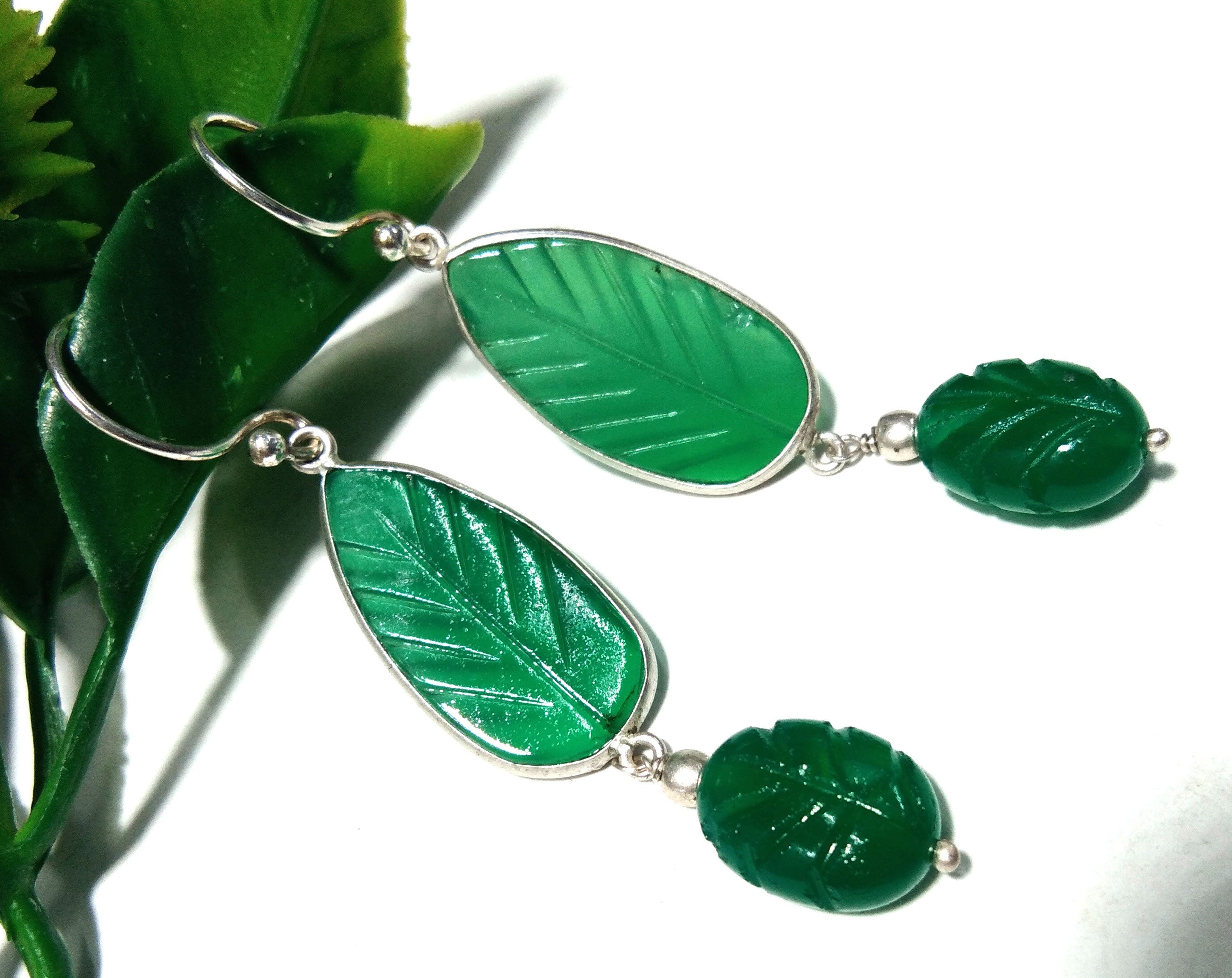 Natural Green Onyx Carved Gemstone Earring, 925 Solid Starling Silver Earring, Beautiful Onyx Carved Stone Handmade Gift Birthday Earring