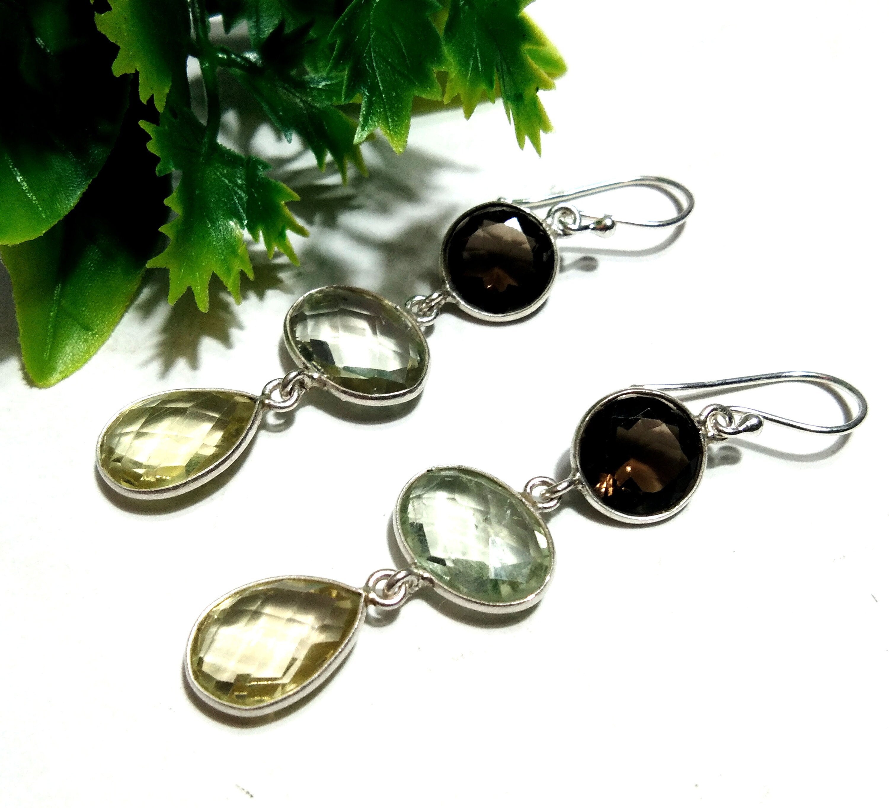 Natural Lemon Quartz, Smoky Quartz, Green Amethyst Stone Drop Earring, 925 Sterling Silver Earring Gemstone, Gift Birthday Earring Jewelry
