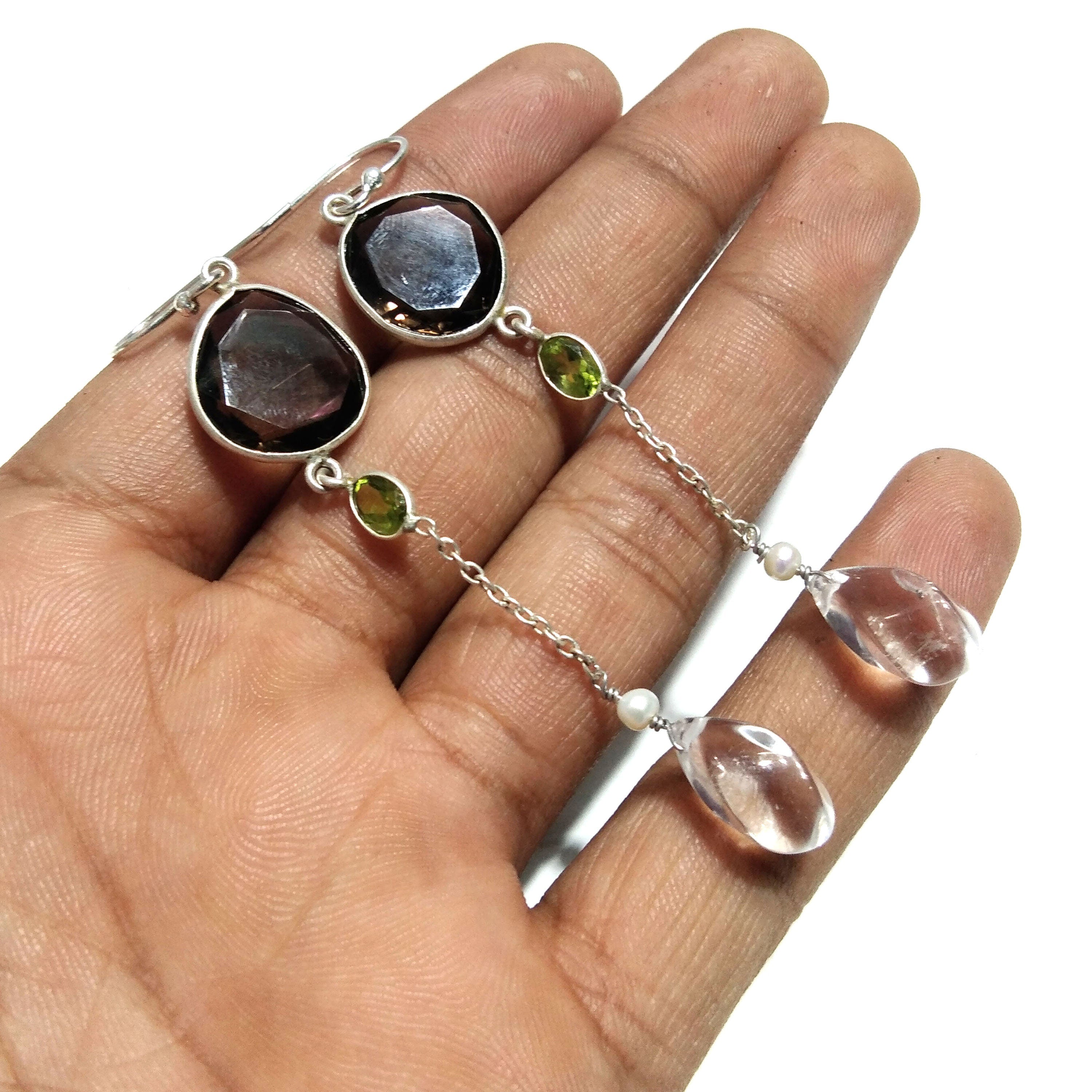 Natural Smoky Quartz/Crystal Quartz Earring, 925 Solid Starling Silver Earring Crystal Quartz Stone, Handmade Gift Women Earring Jewelry