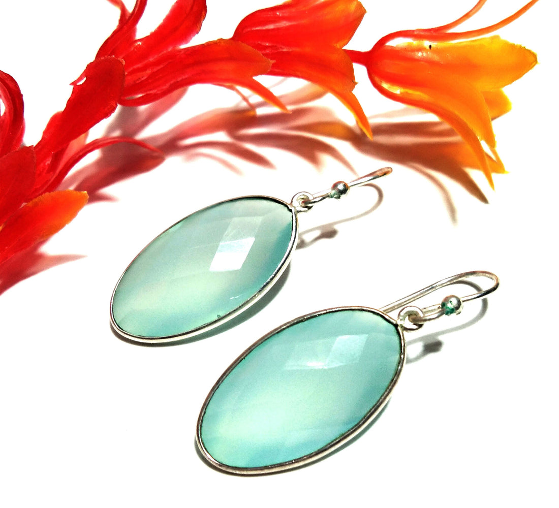 Natural Aqua Chalcedony Stone Earring, 925 Solid Starling Silver Earring, Chalcedony Oval Shape Stone Size 22x12 mm Gift Labor day Earring