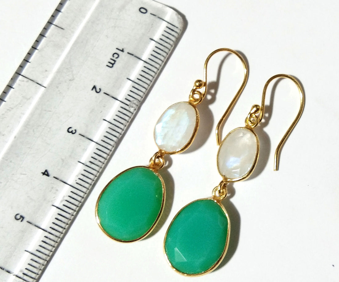Beautiful Nice Earring ! Natural Gemstone Chryso Calcy & Rainbow Moonstone Earring, 925 Starling Silver With Gold Plated Earring For Women.