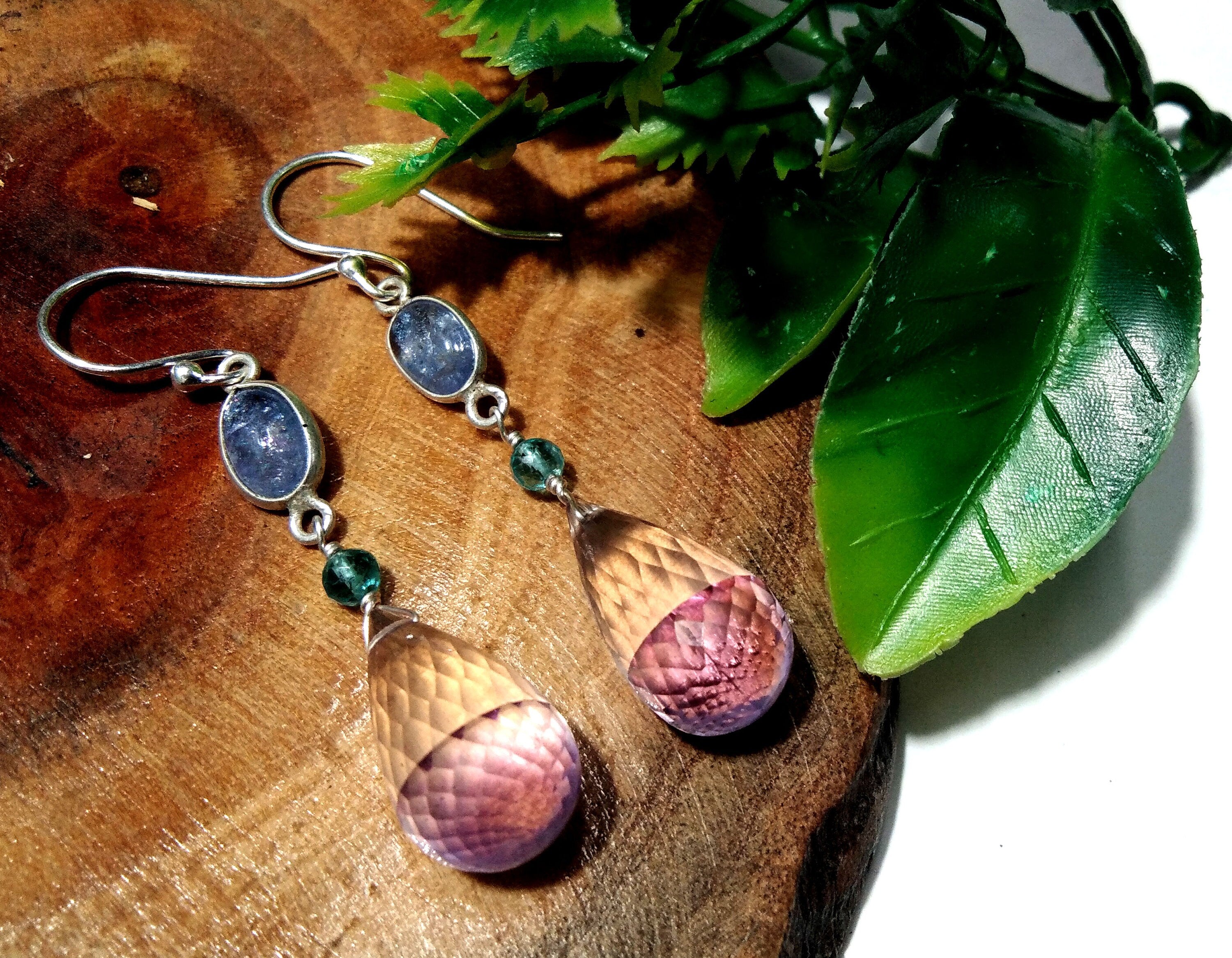 Natural Doublet Gemstone Amethyst & Tanzanite Multi Stone Earring, With 925 Sterling Silver Earring Jewelry, For Girls/Women.