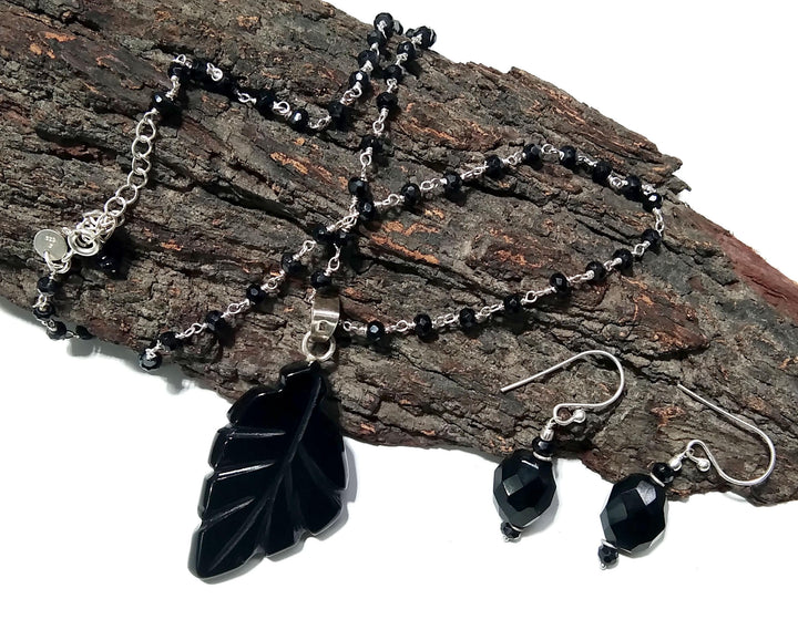 Natural Black Onyx Beads Necklace Earring Jewelry Set, 925 Solid Sterling Silver Necklace Earring, Jewelry Gift For Girls & Women.