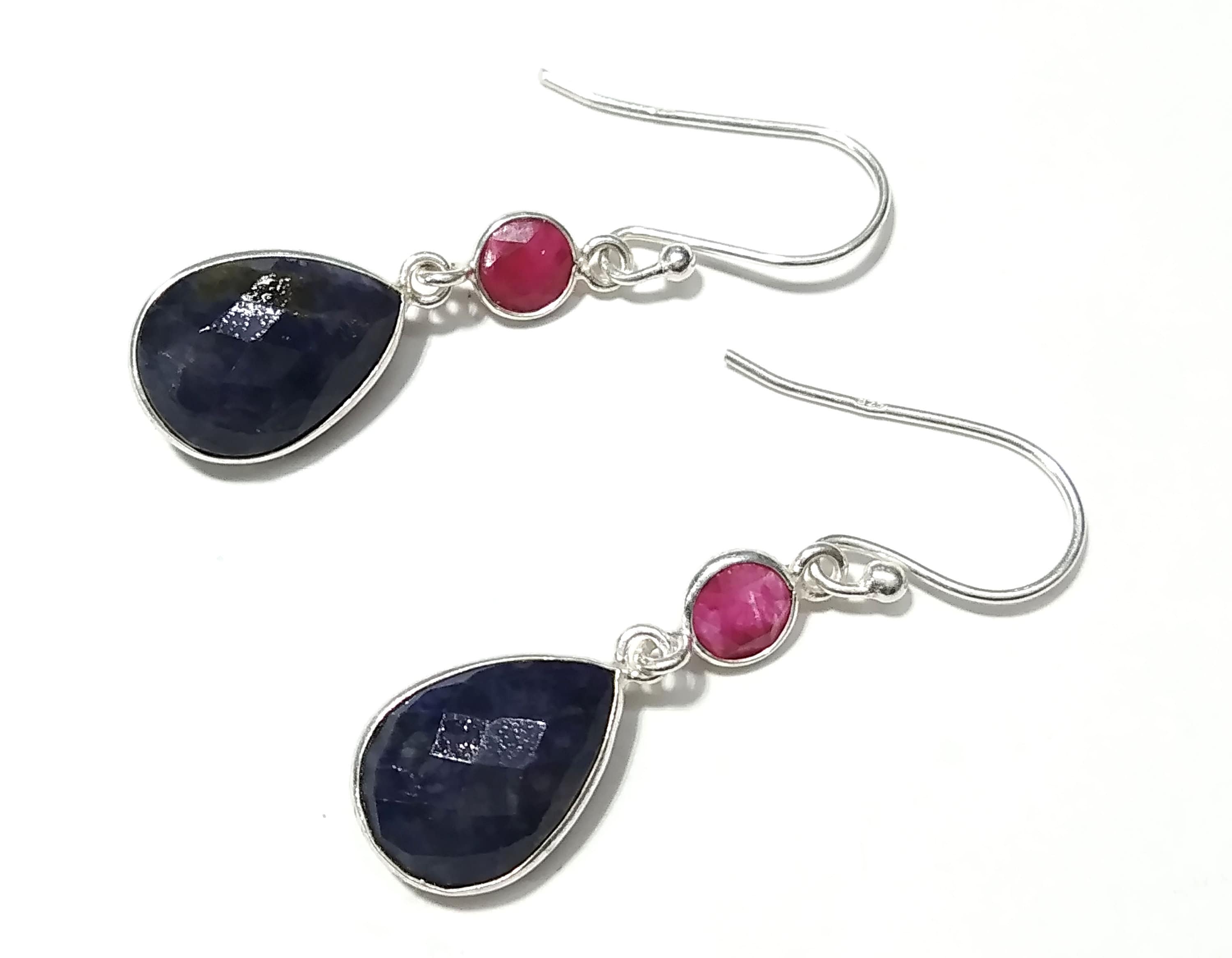 Beautiful Earring, Blue Sapphire & Red Ruby Earring, Natural Gemstone Faceted Earring, 925 Starling Silver Earring, Handmade Bezel Earring's