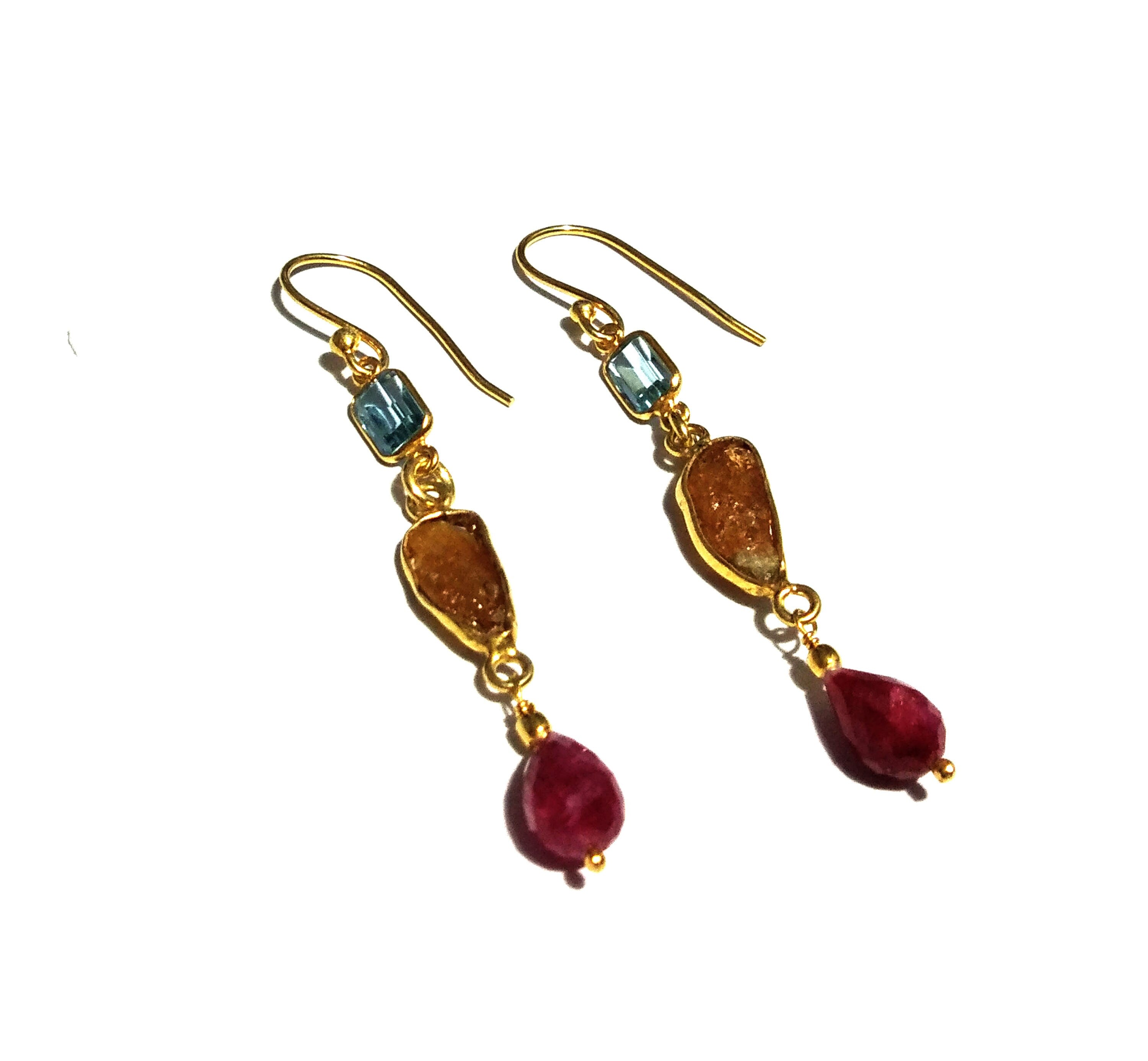 Natural Blue Topaz/Citrine Rough Stone Drop Earring, 925 Starling Silver Gold Plated Earring, Stone Size Mix Gift Diwali Earring Jewelry