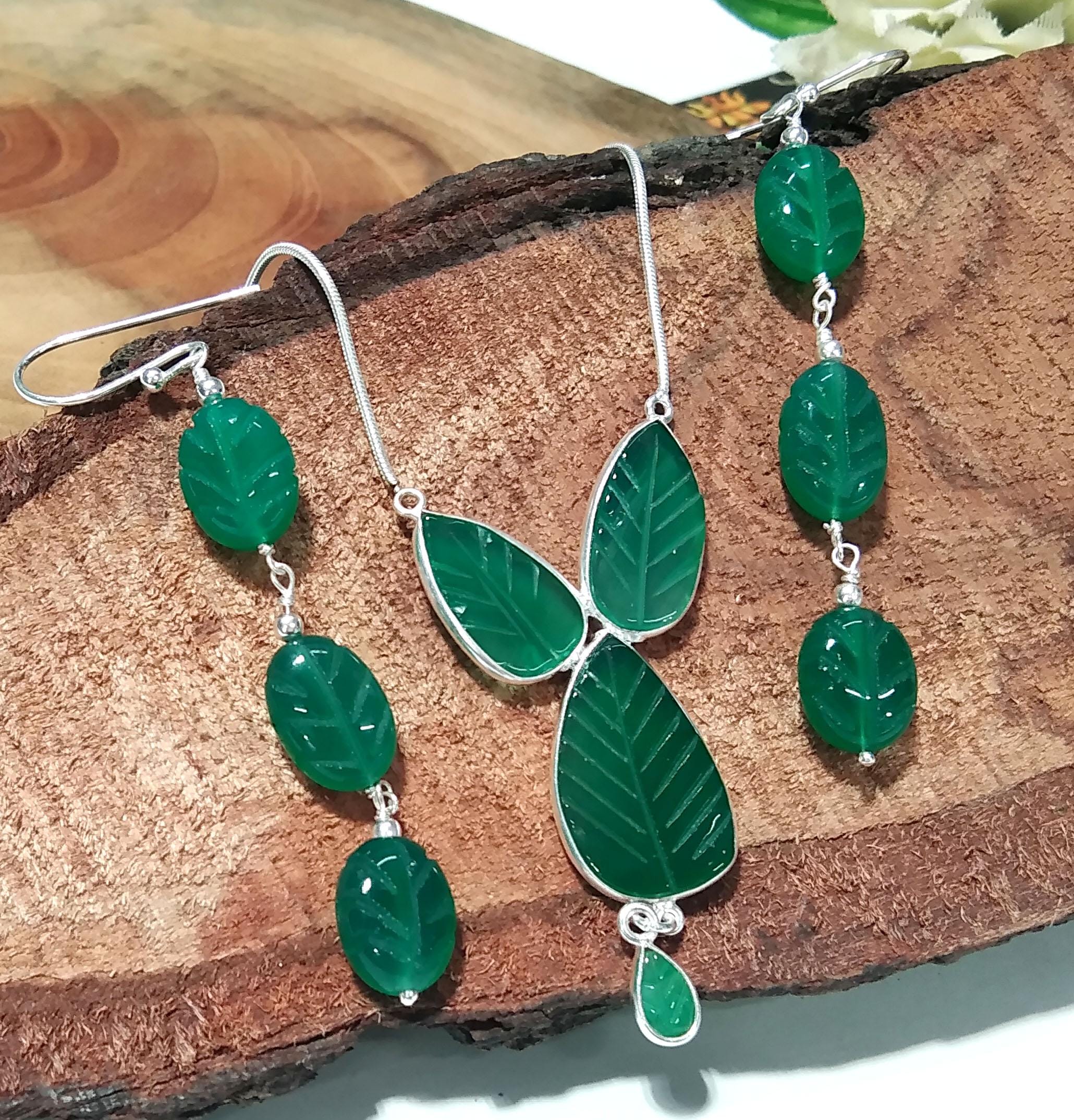 Natural Green Onyx Carved Gemstone Necklace & Earring Jewelry Set, 925 Starling Silver Necklace, Beautiful Onyx Carved Stone Gift For Her