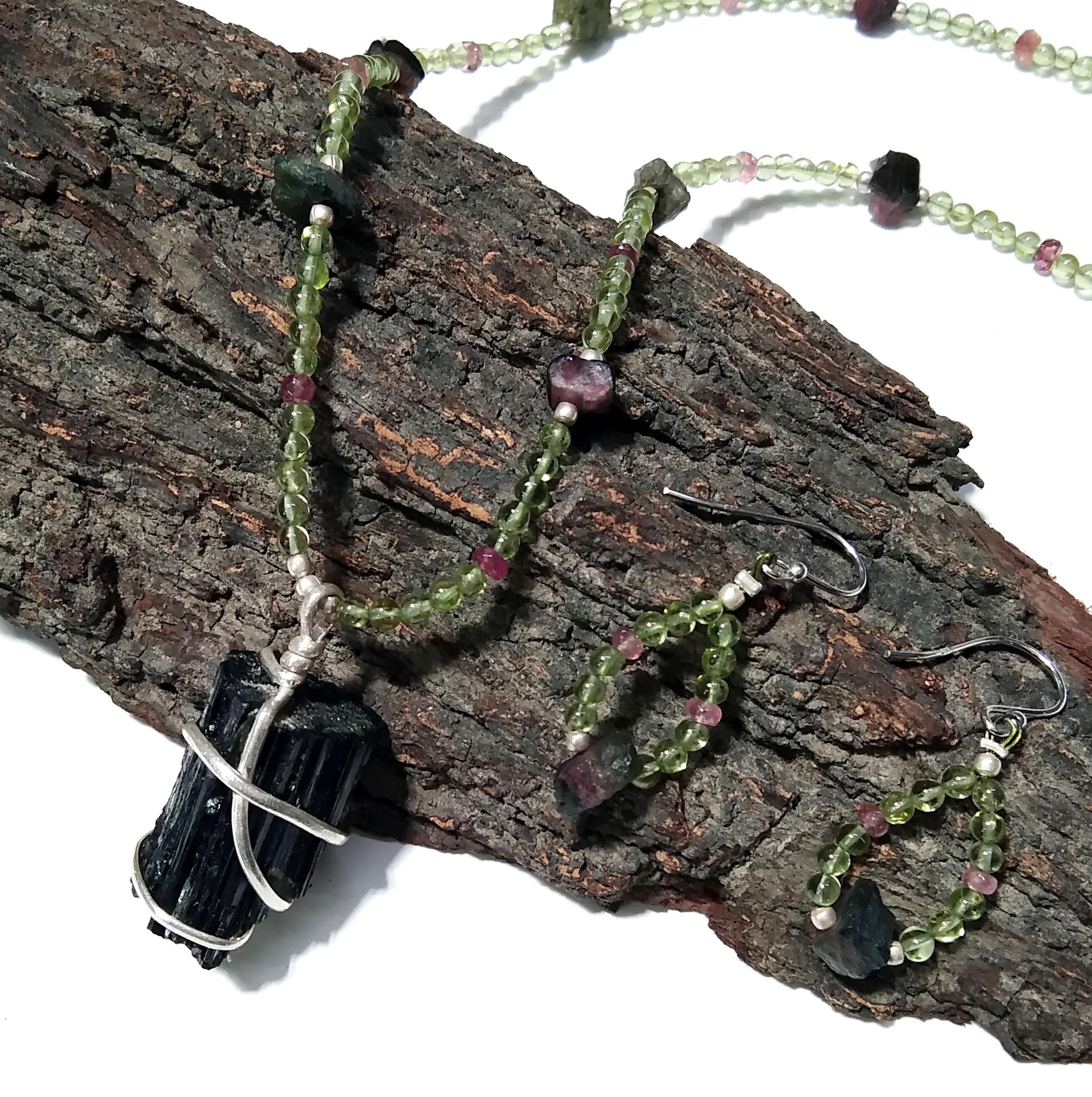 Natural Black Tourmaline/Peridot Gemstone Bead Necklace Jewelry Earring Set, 925 Sterling Silver Necklace Beaded Necklace Statement Jewelry