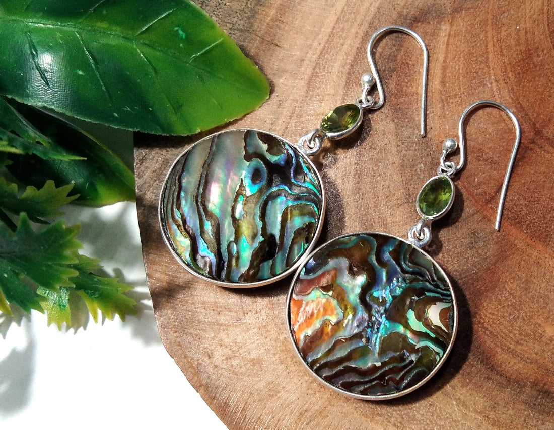 Natural Abalone Shell/Peridot Gemstone Earring, 925 Sterling Silver Earring Jewelry, Handmade Earring For Gift Birthday Girls/Women Jewelry