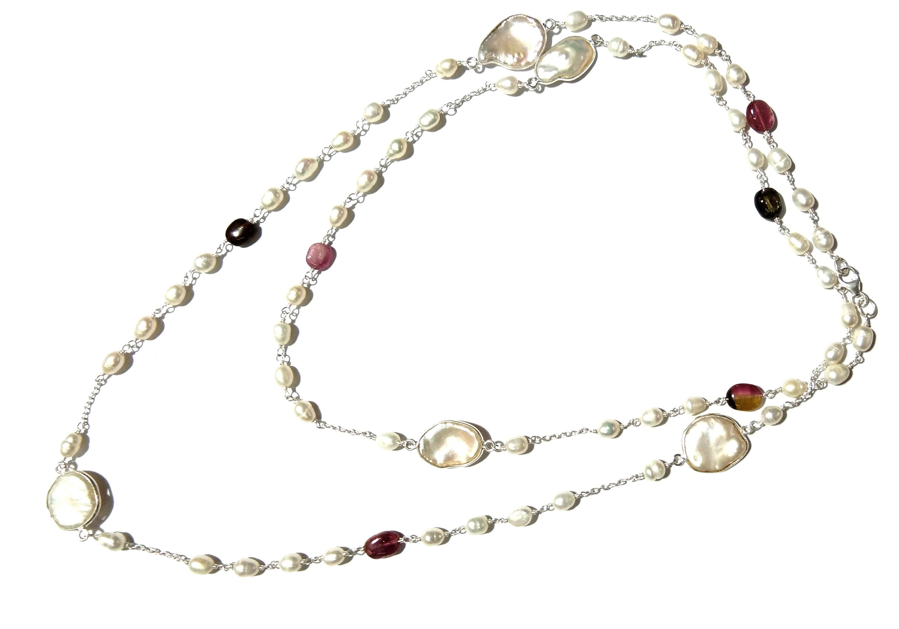 Log Chain Necklace ! Natural Pearl & Tourmaline Beaded Necklace, 925 Starling Silver Log Necklace, 36''Inches Length.